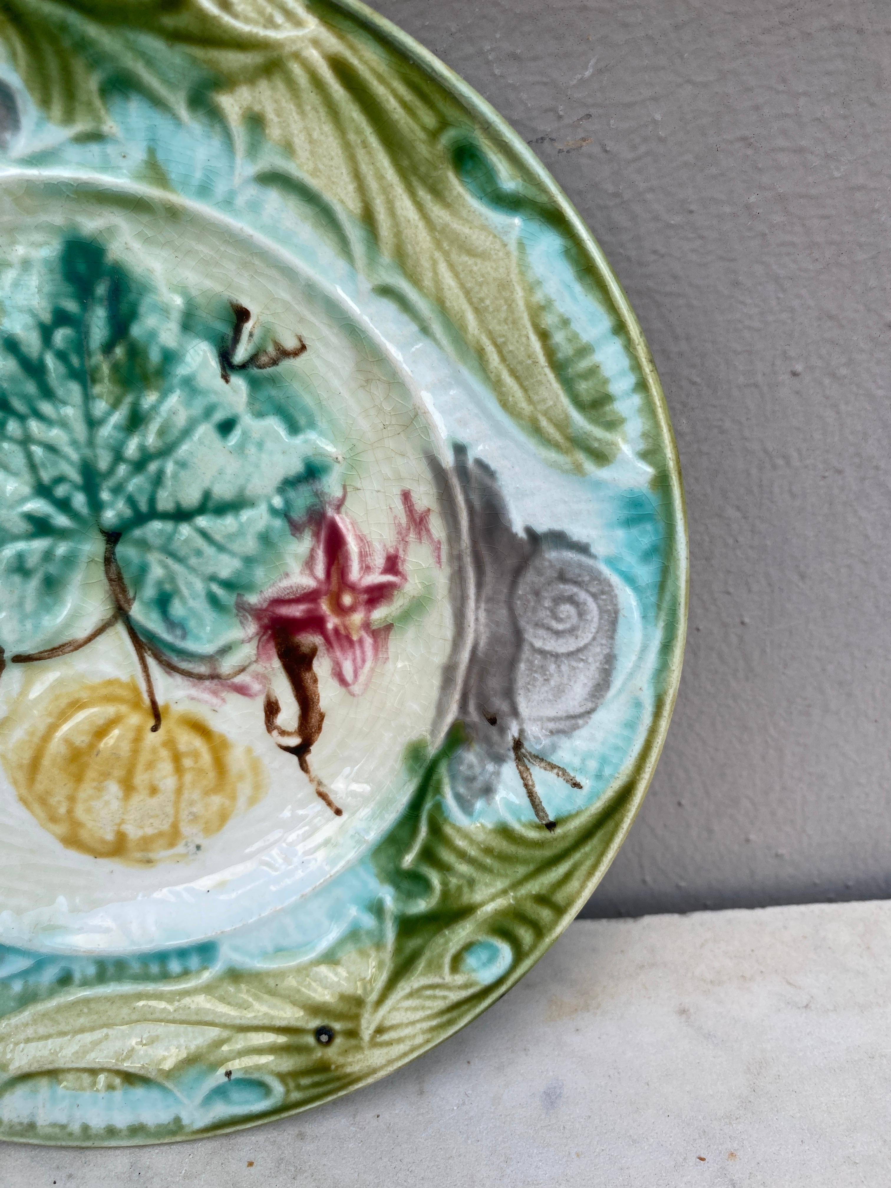 French Provincial French Majolica Plate with Pumpkin & Snail Onnaing, circa 1890 For Sale