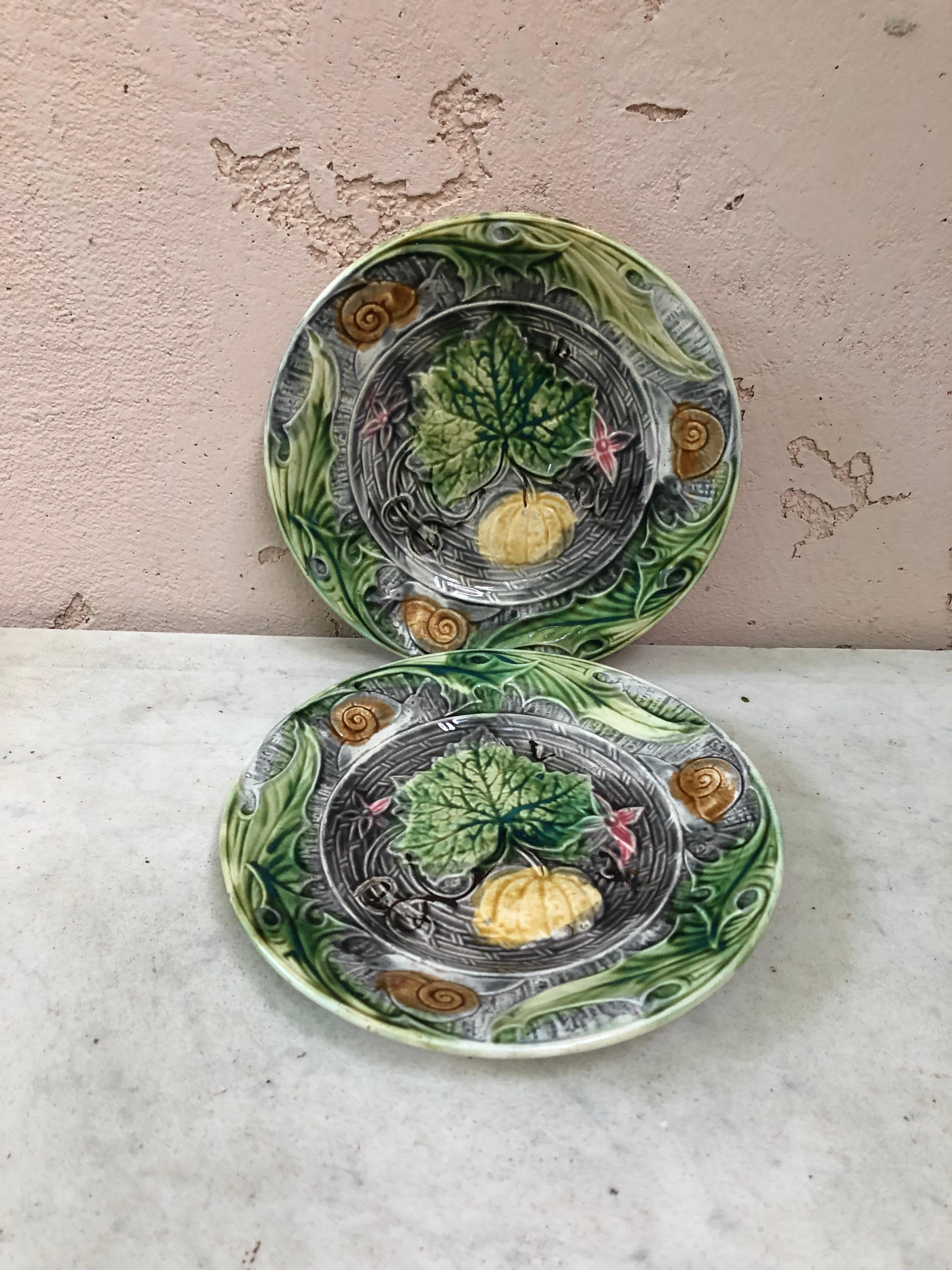 Ceramic French Majolica Plate with Pumpkin & Snail Onnaing, circa 1890
