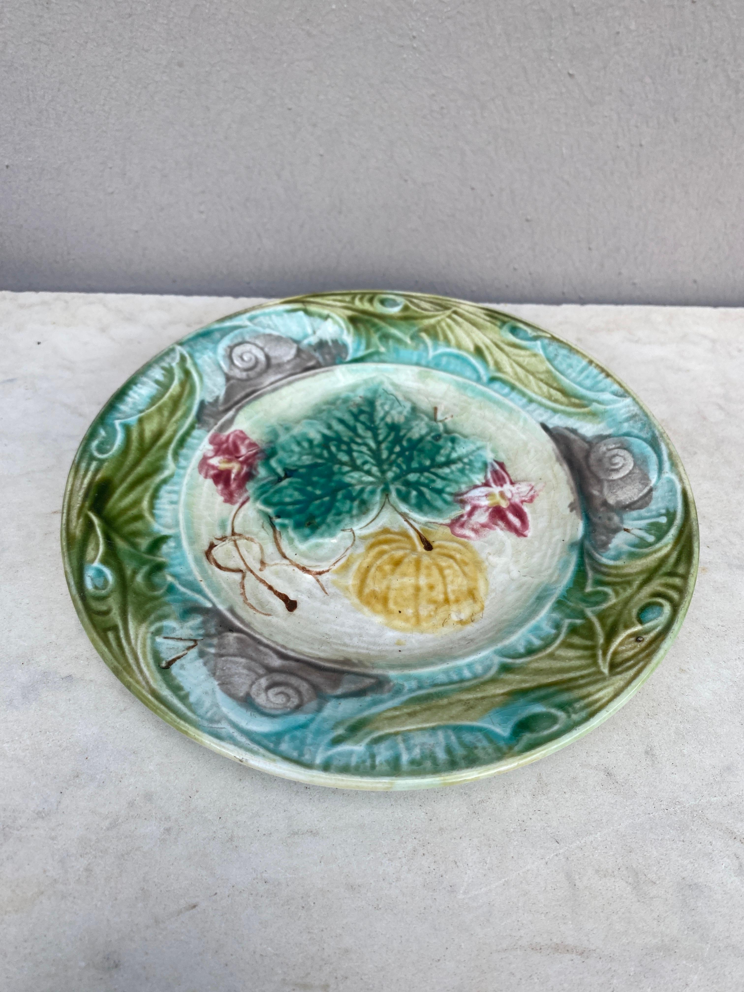 Ceramic French Majolica Plate with Pumpkin & Snail Onnaing, circa 1890 For Sale