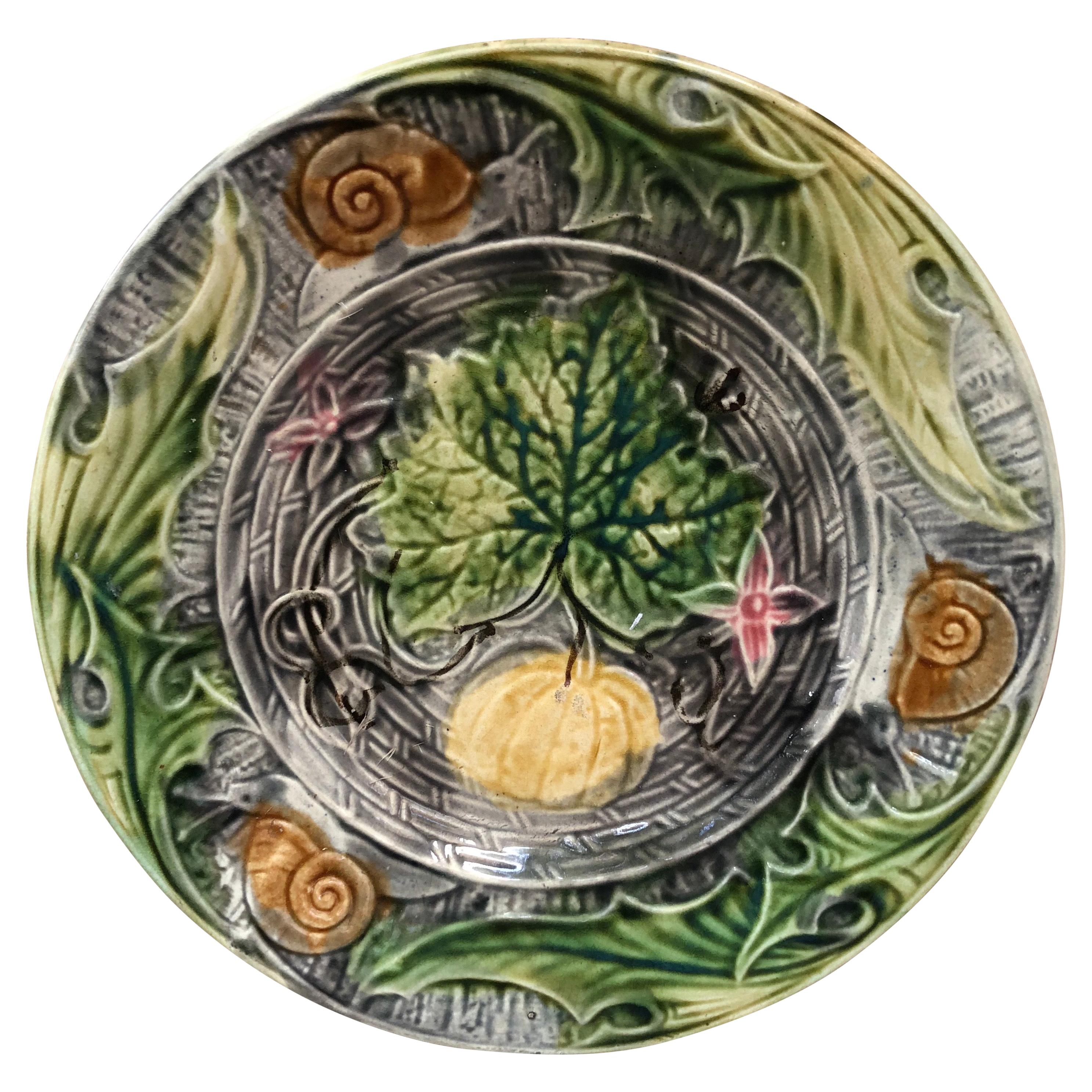 French Majolica Plate with Pumpkin & Snail Onnaing, circa 1890