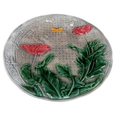 French Majolica Poppies & Butterfly Plate Gien, circa 1880