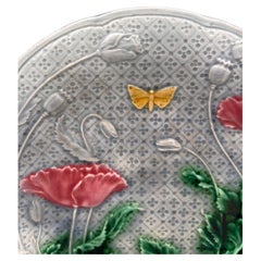 French Majolica Poppies & Butterfly Plate Gien, circa 1880