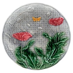 French Majolica Poppies & Butterfly Plate Gien, circa 1880