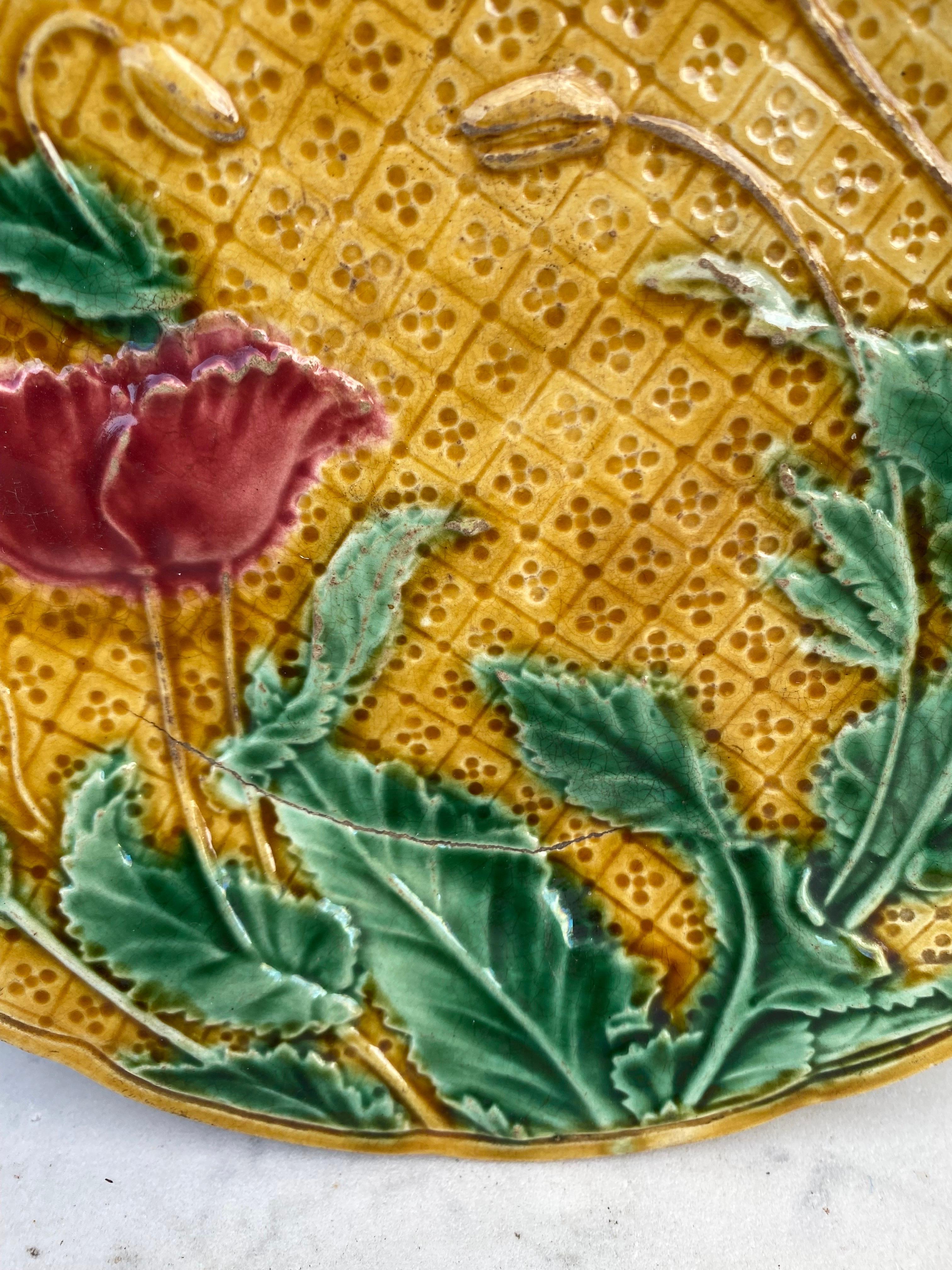 Rustic French Majolica Poppies Plate Gien, circa 1880 For Sale