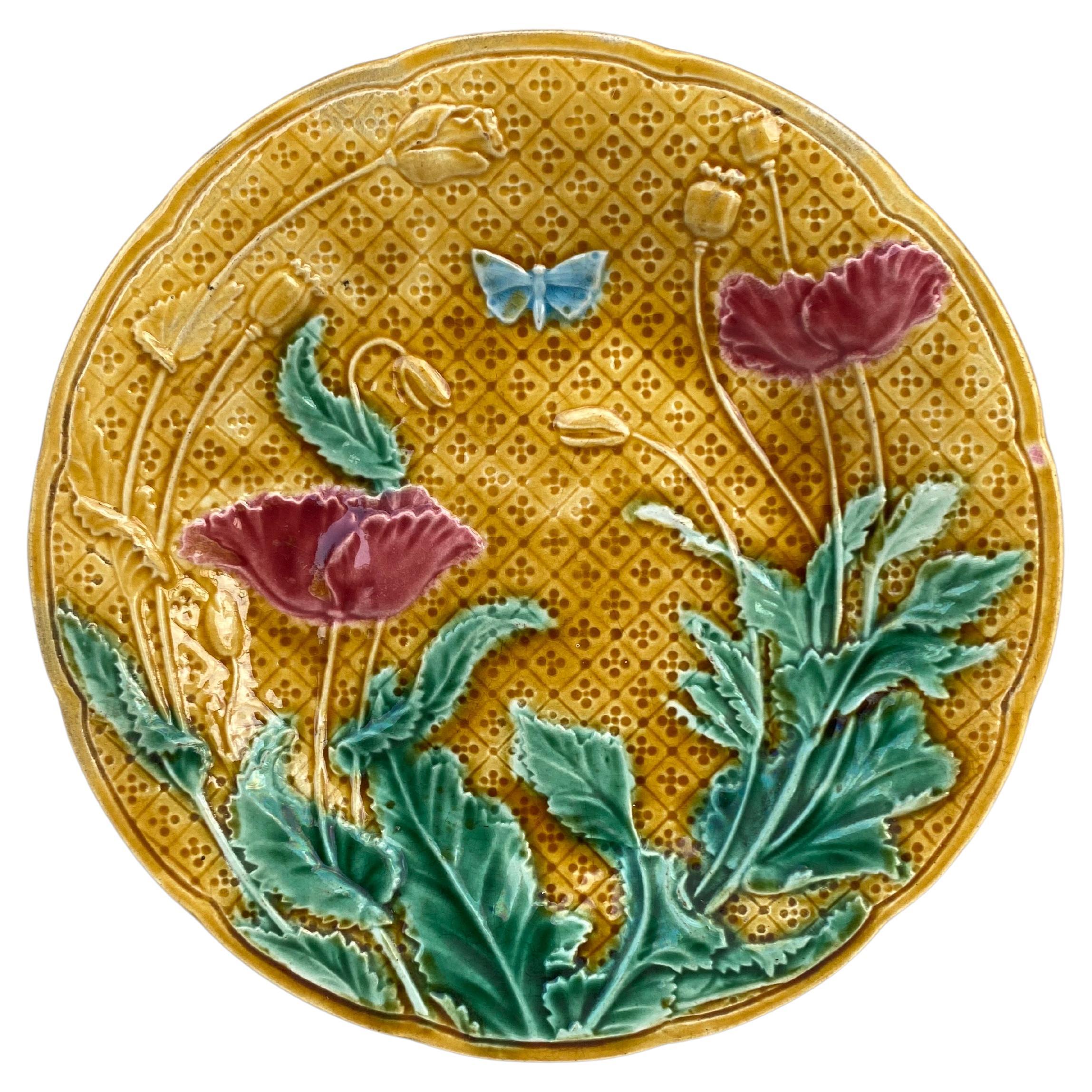 French Majolica Poppies Plate Gien, circa 1880