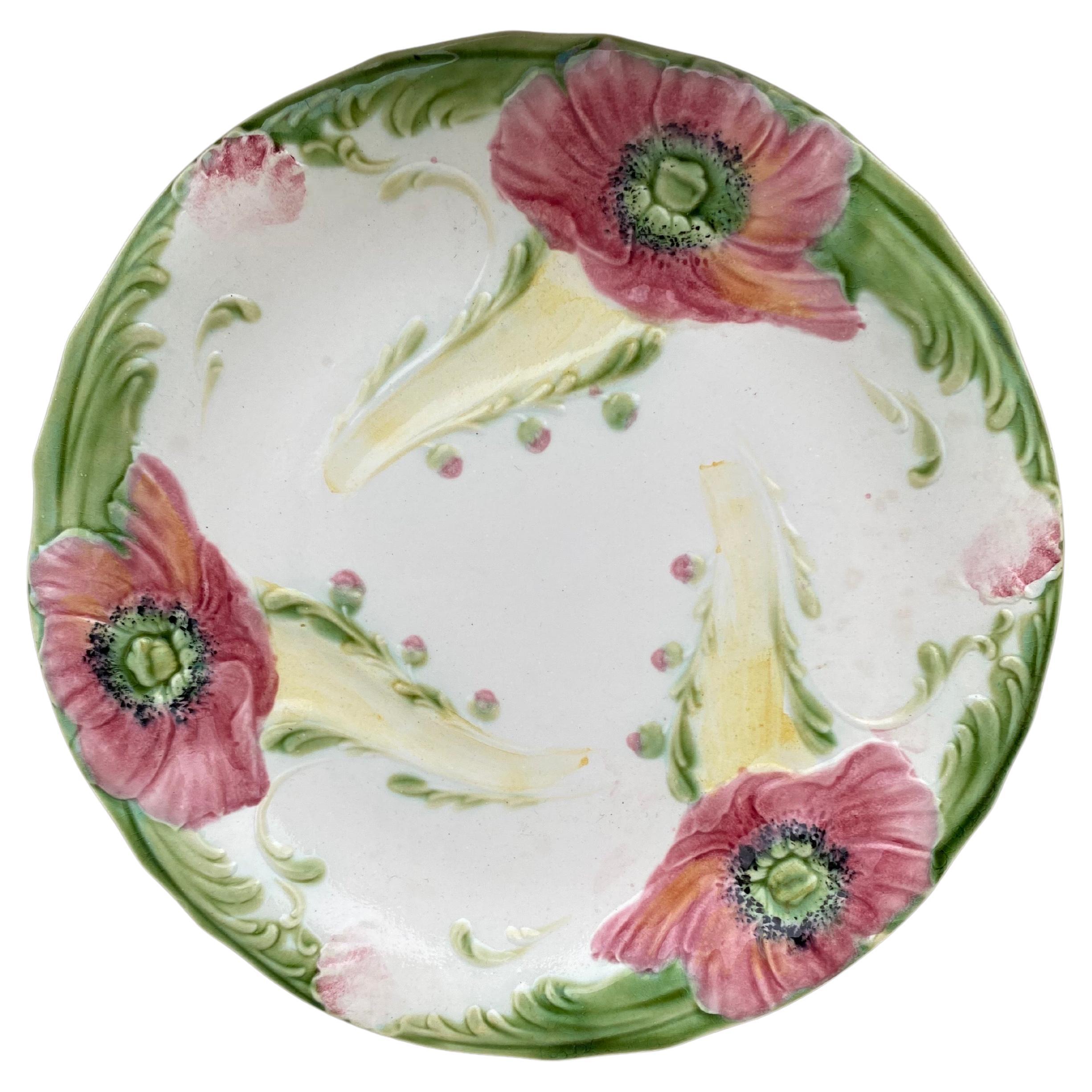 French Majolica Poppies Plate Luneville, circa 1900