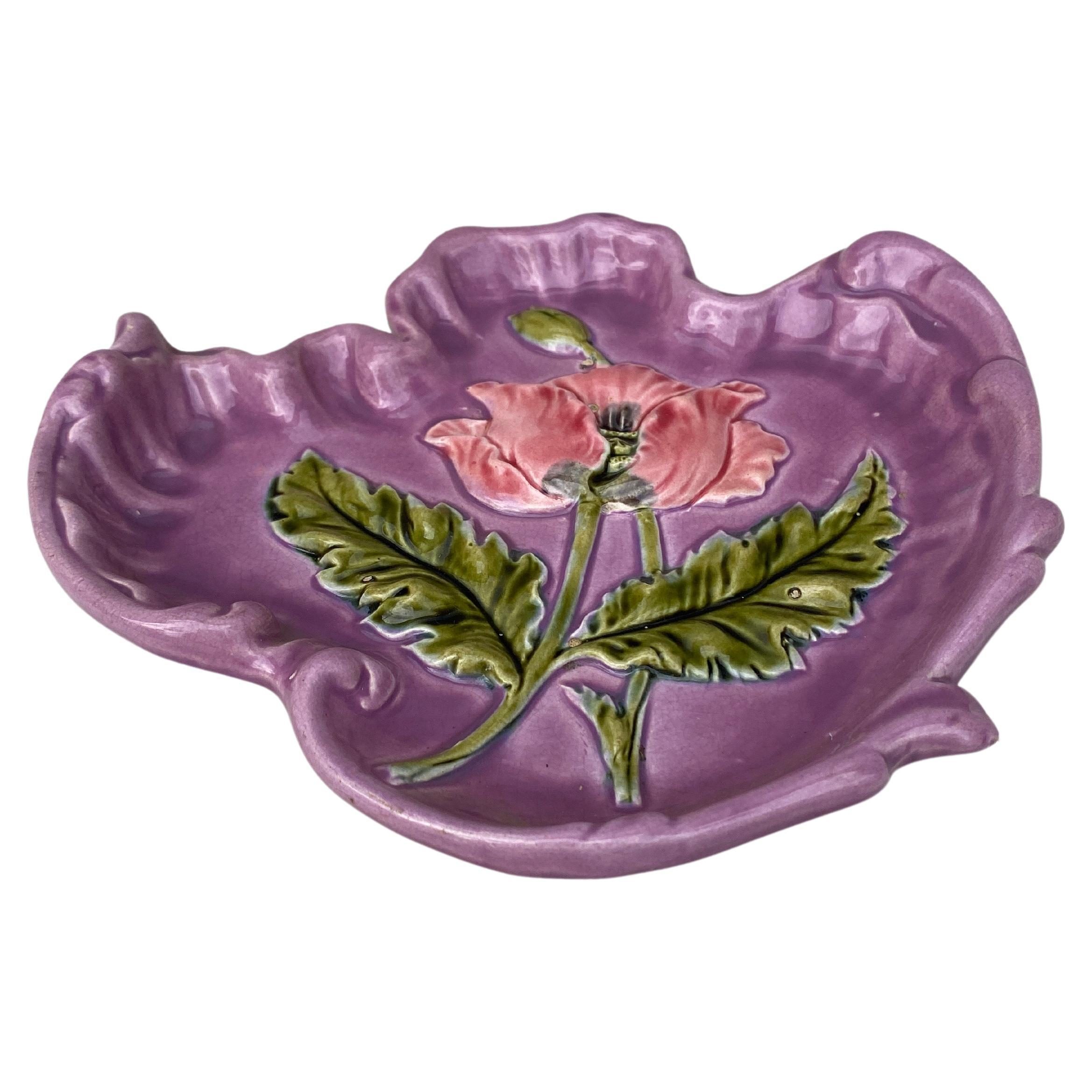 Rare French Majolica Pink Platter with poppies circa 1890.