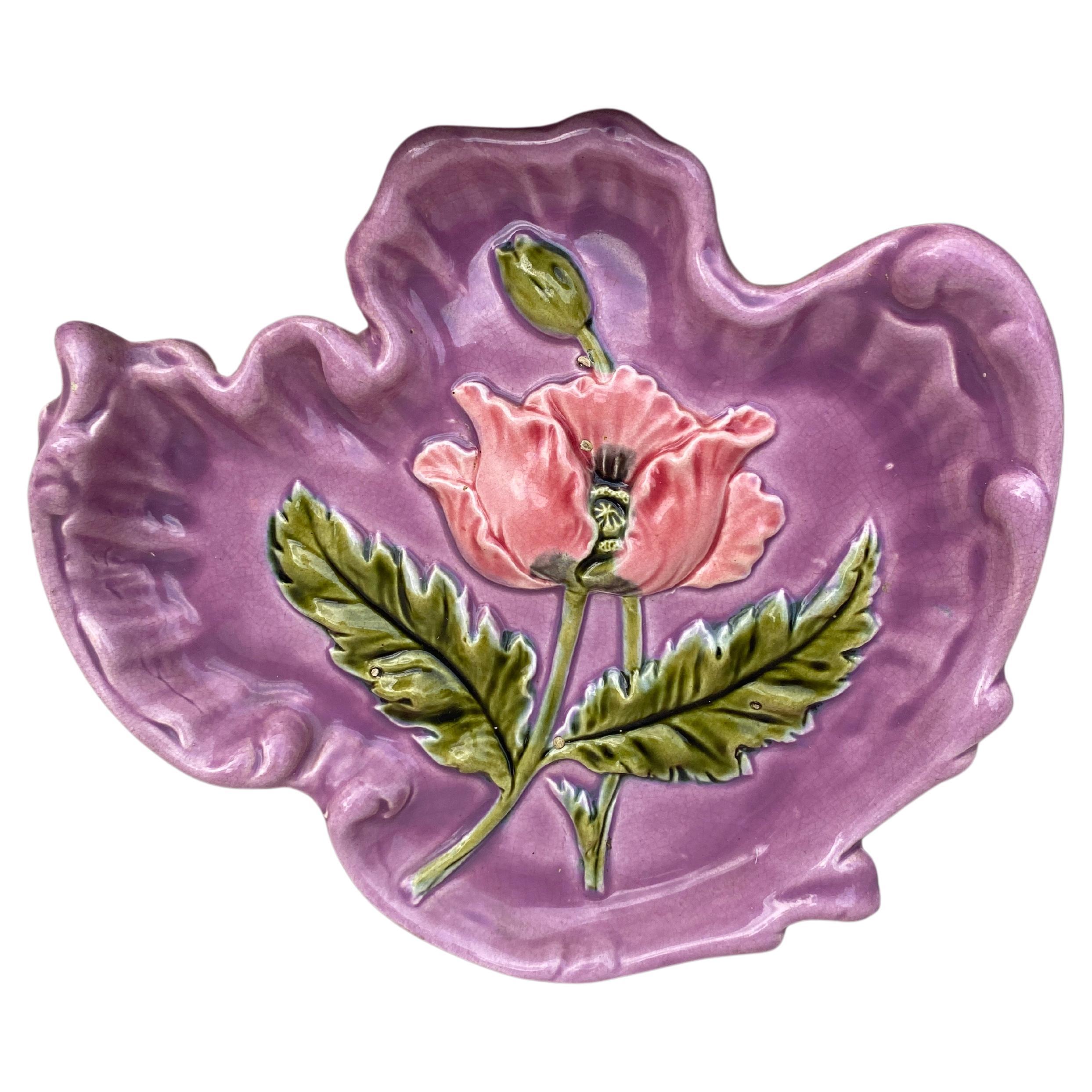 Rustic French Majolica Poppies Platter , circa 1890 For Sale