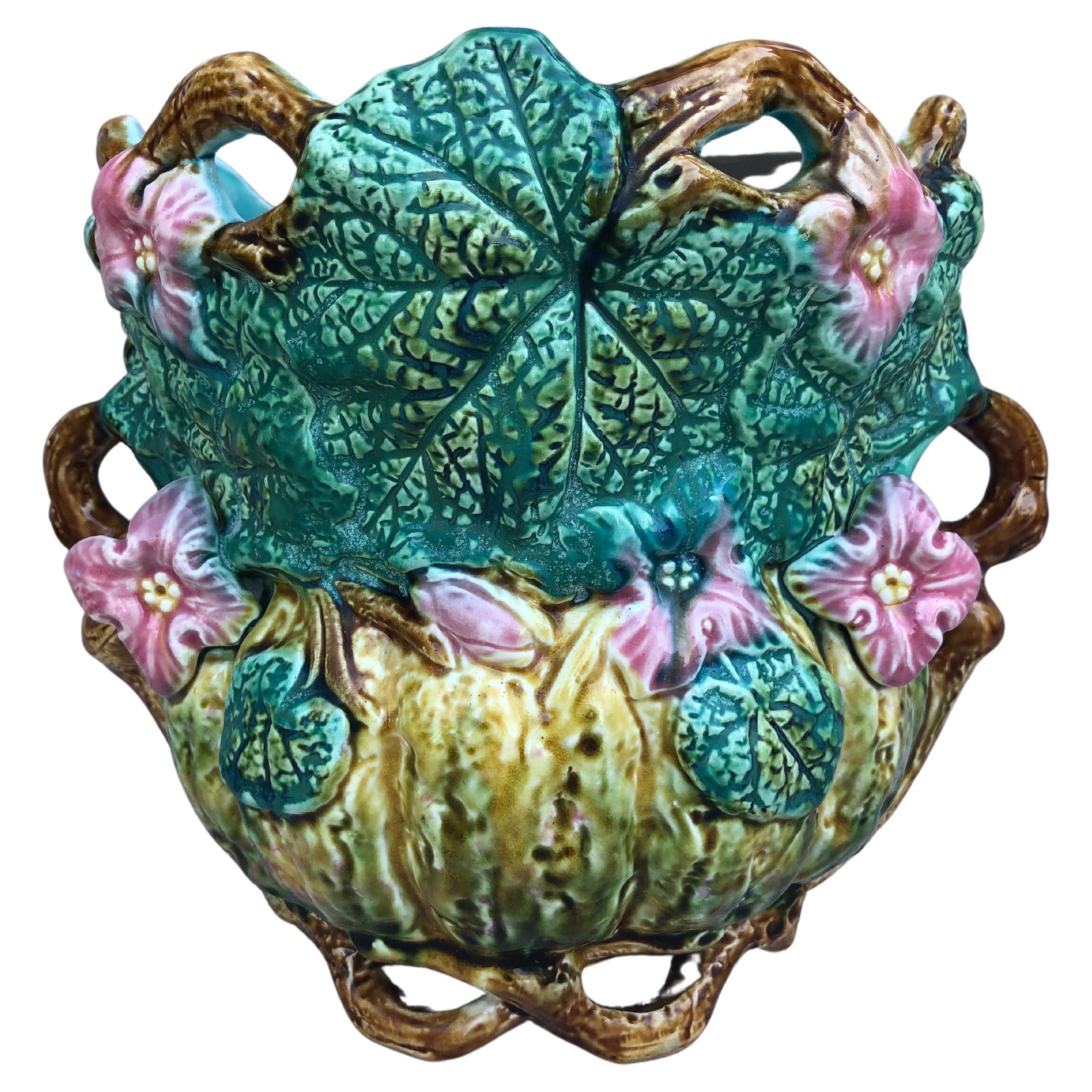 French Majolica Pumpkin Jardiniere Onnaing, circa 1890 For Sale