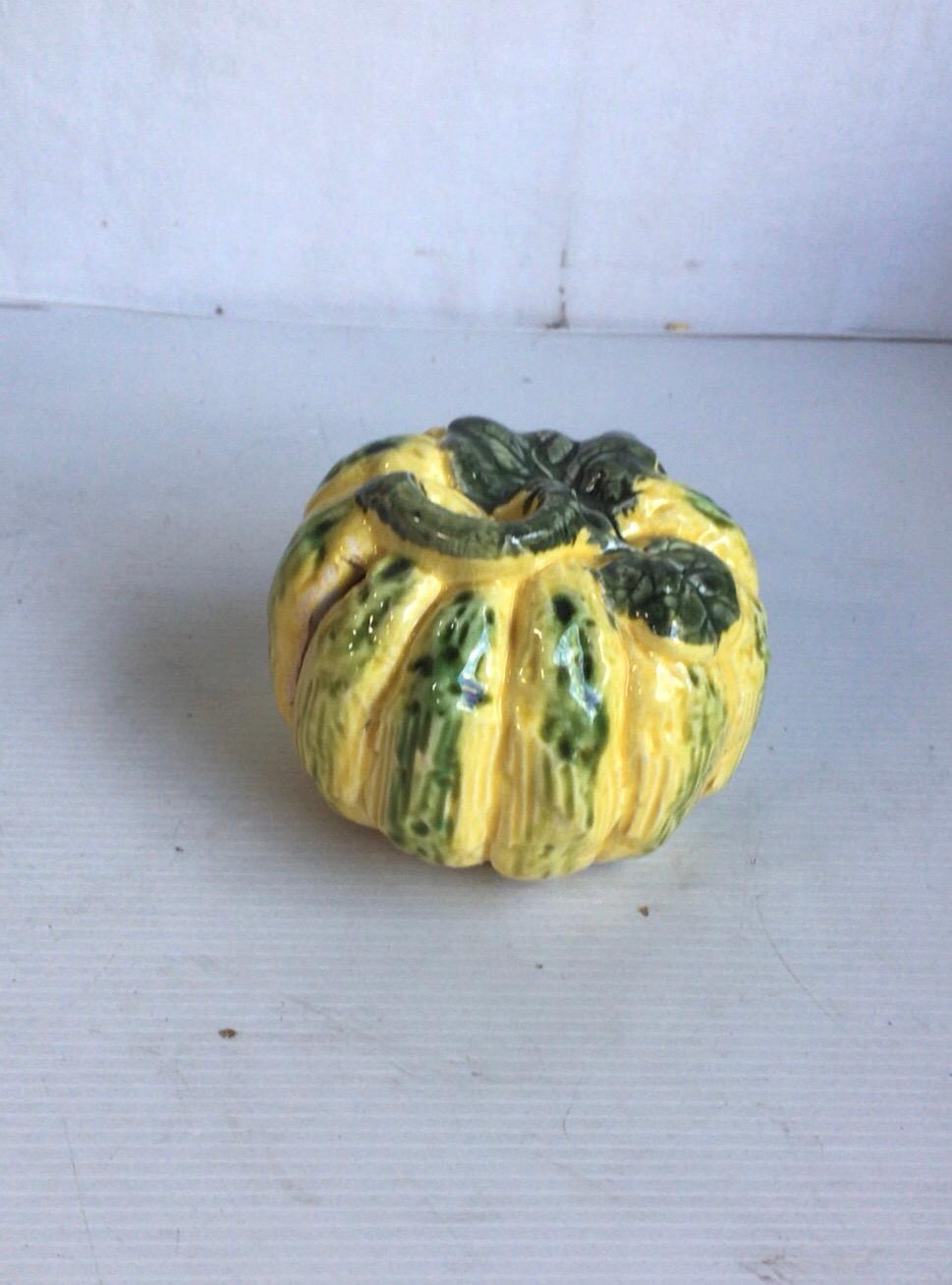 French Majolica pumpkin money bank signed Fives Lille, circa 1890.