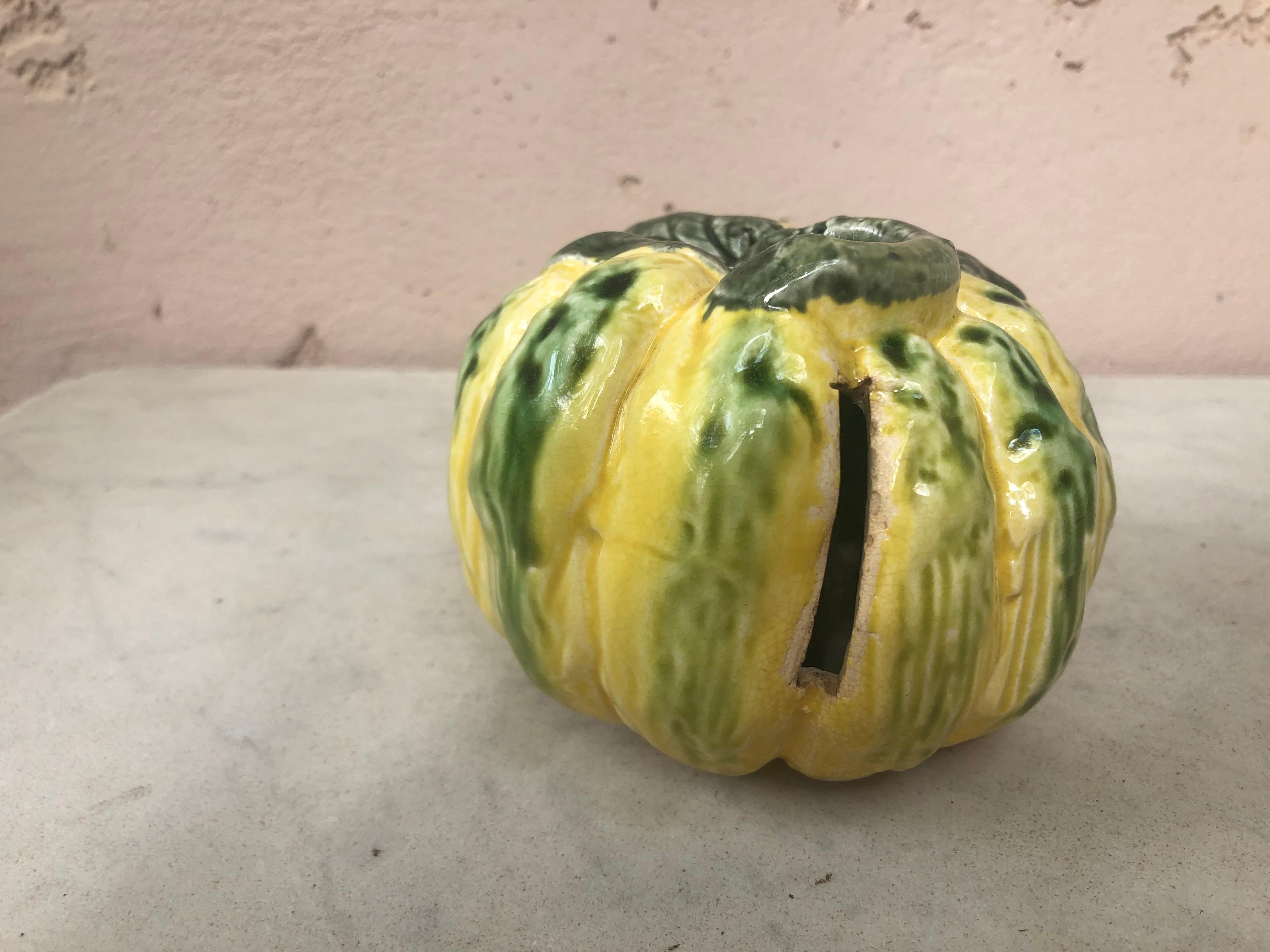 Ceramic French Majolica Pumpkin Money Bank Fives Lille, circa 1890