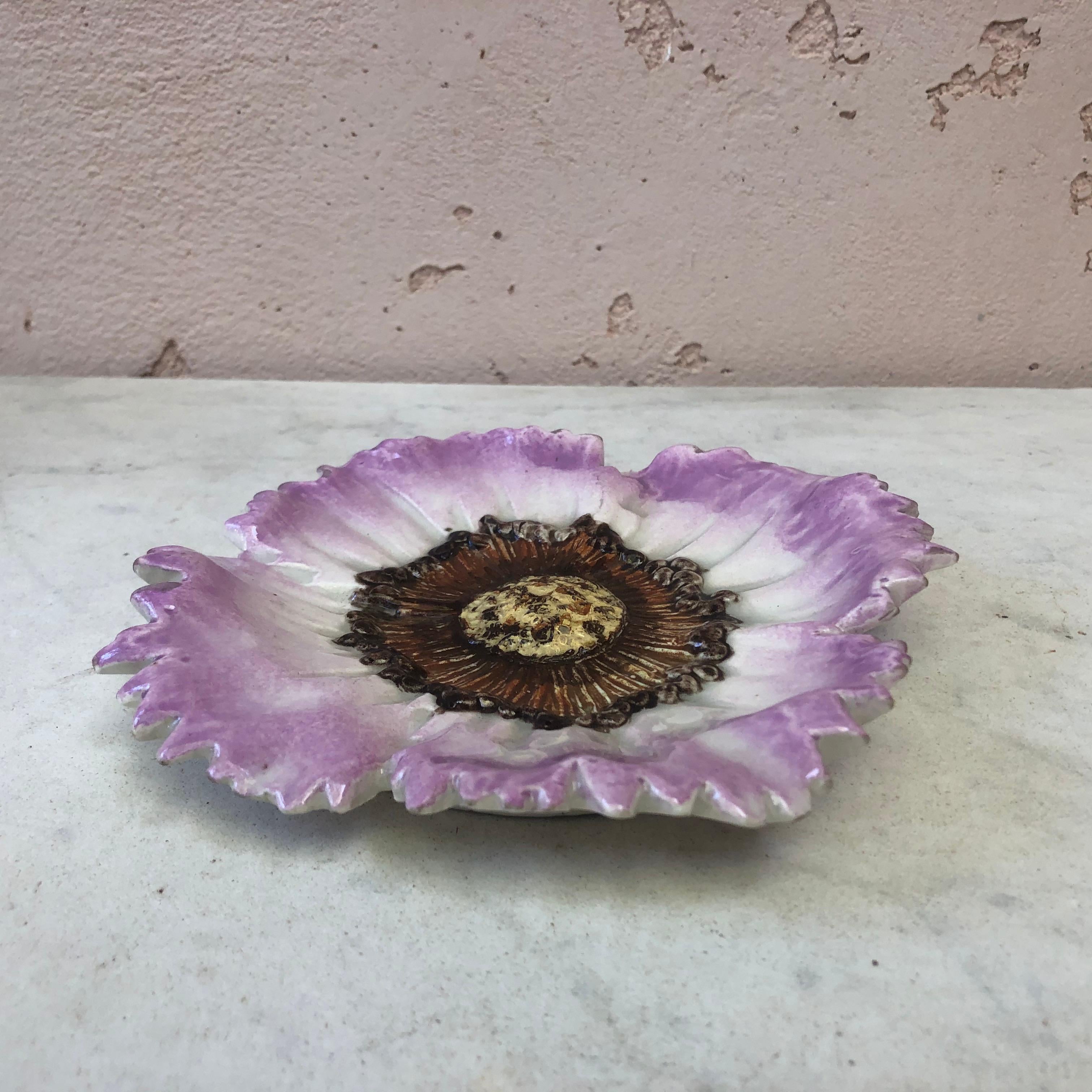 Lovely rare French Majolica purple flower pin tray Delphin Massier, circa 1900.