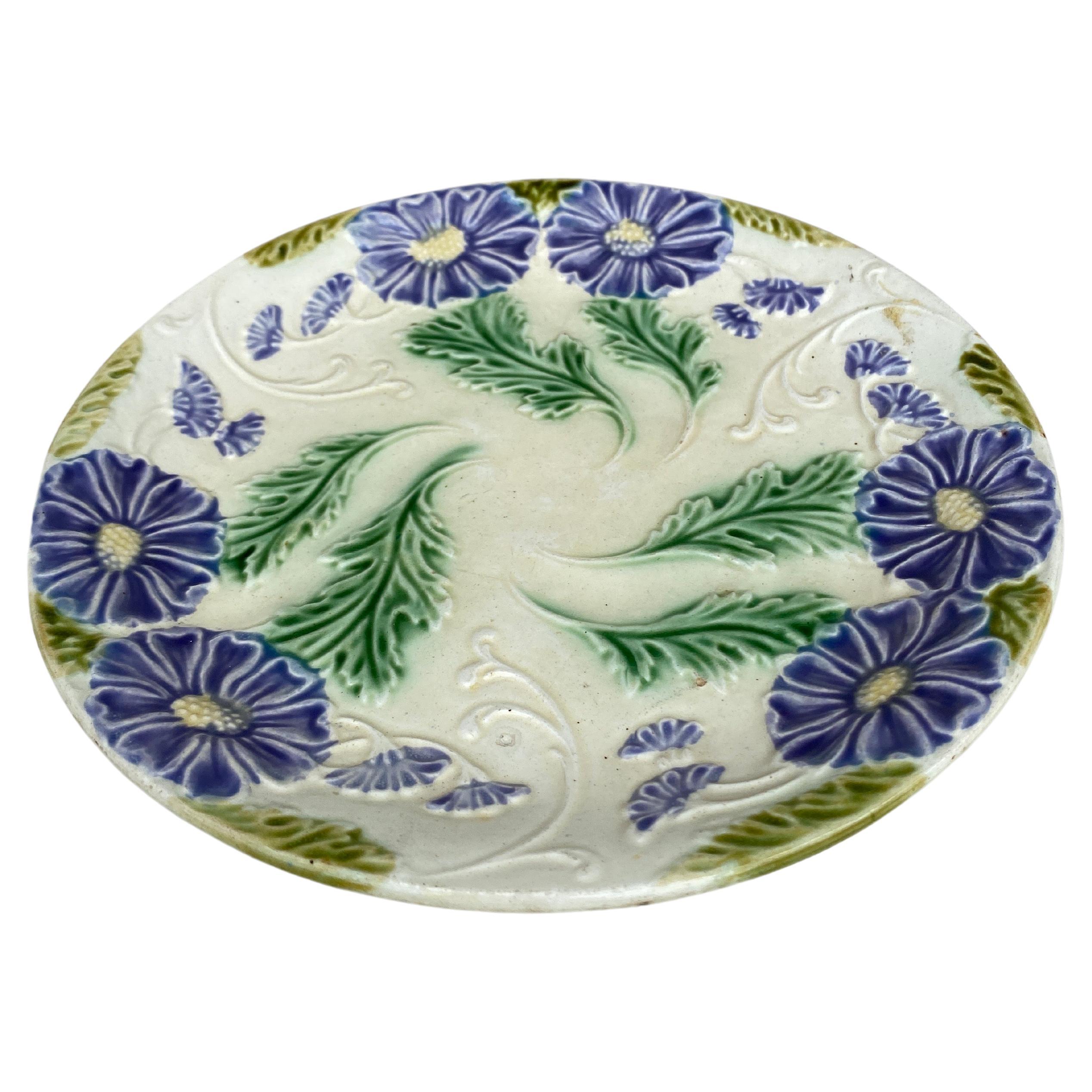 
French Majolica Purple Flowers Plate Salins, Circa 1890


