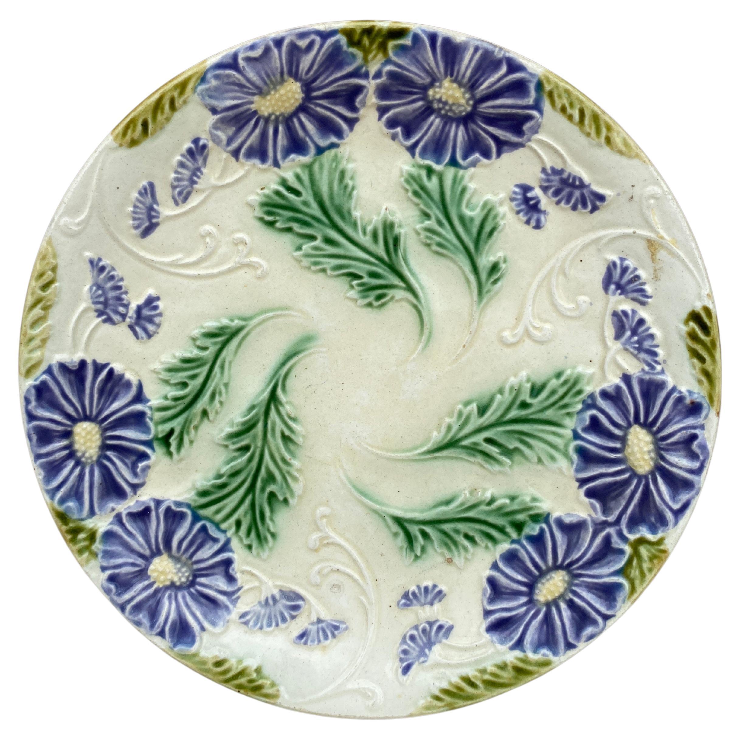 French Majolica Purple Flowers Plate Salins, Circa 1890 For Sale
