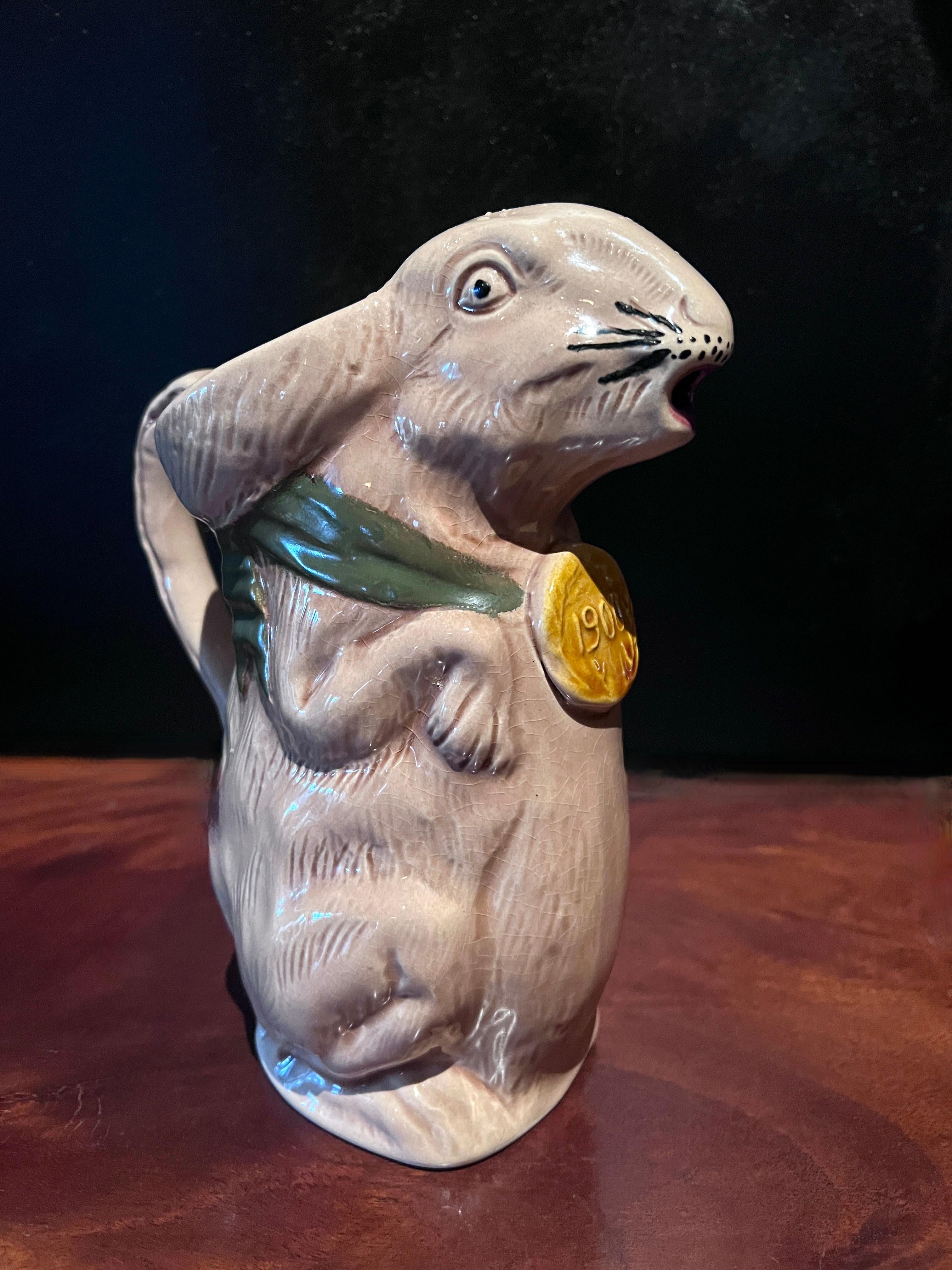 Country French Majolica Rabbit Pitcher Made  for the Int'l Exhibition in Paris ca 1900 For Sale