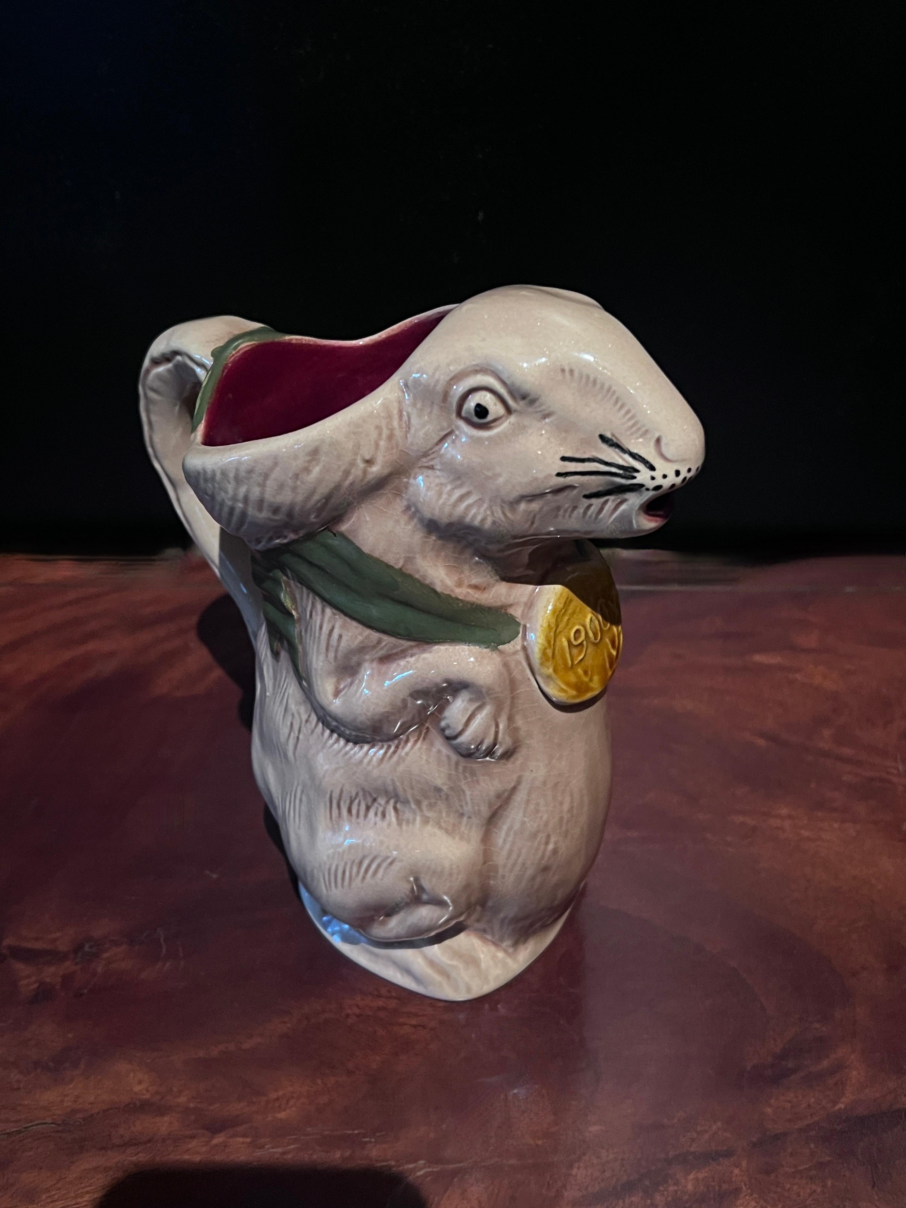 Glazed French Majolica Rabbit Pitcher Made  for the Int'l Exhibition in Paris ca 1900 For Sale
