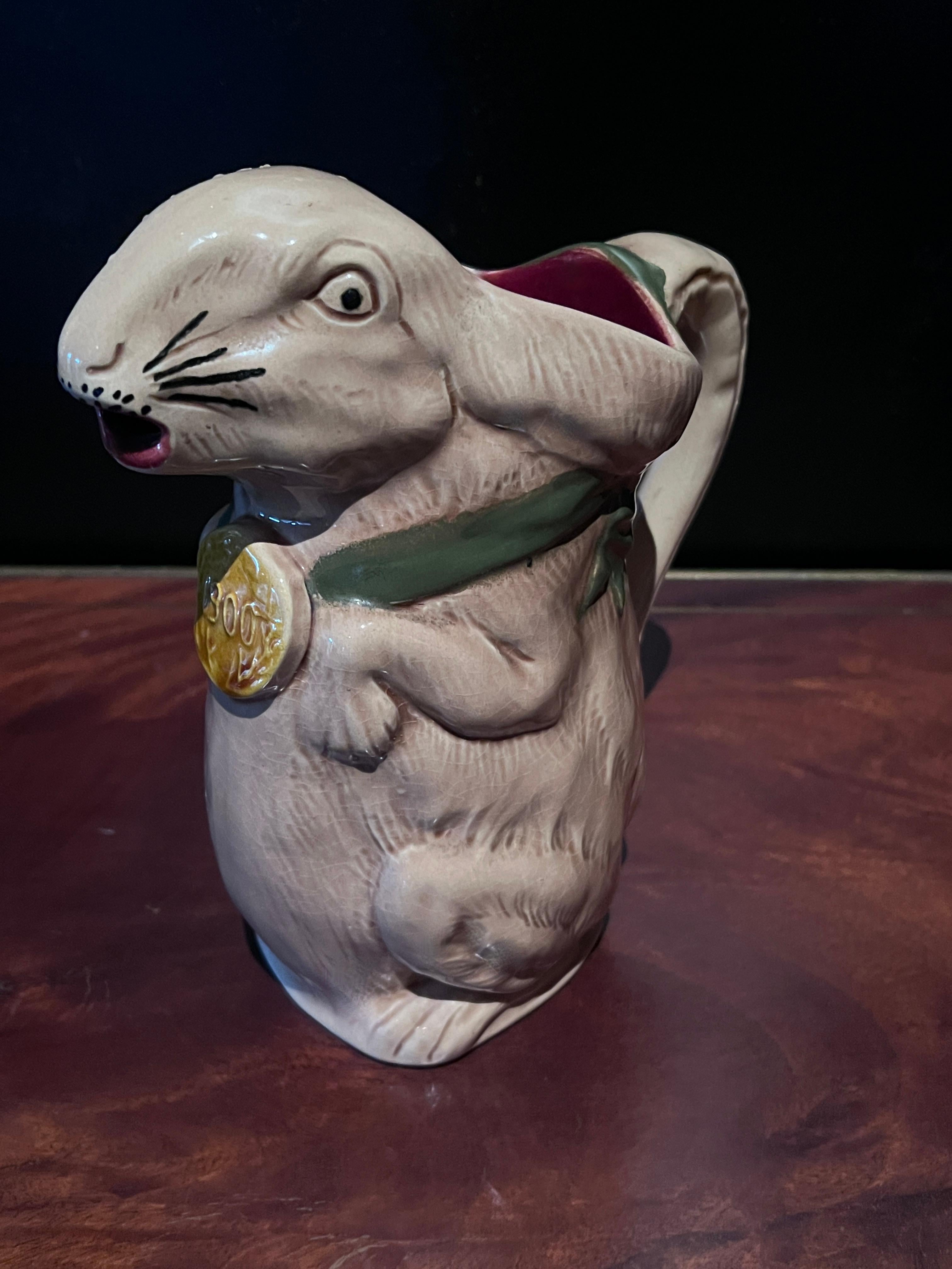 20th Century French Majolica Rabbit Pitcher Made  for the Int'l Exhibition in Paris ca 1900 For Sale