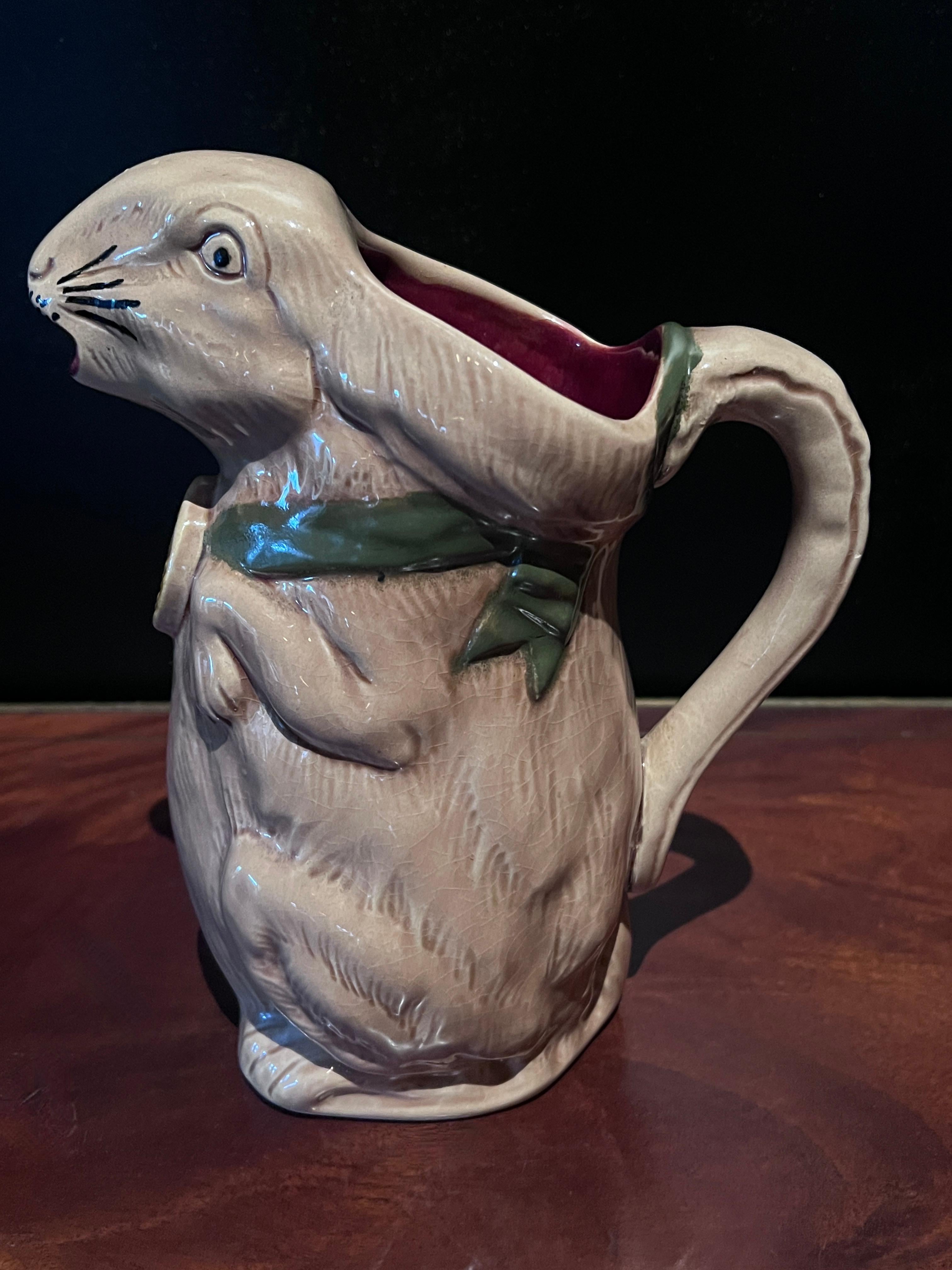 Ceramic French Majolica Rabbit Pitcher Made  for the Int'l Exhibition in Paris ca 1900 For Sale