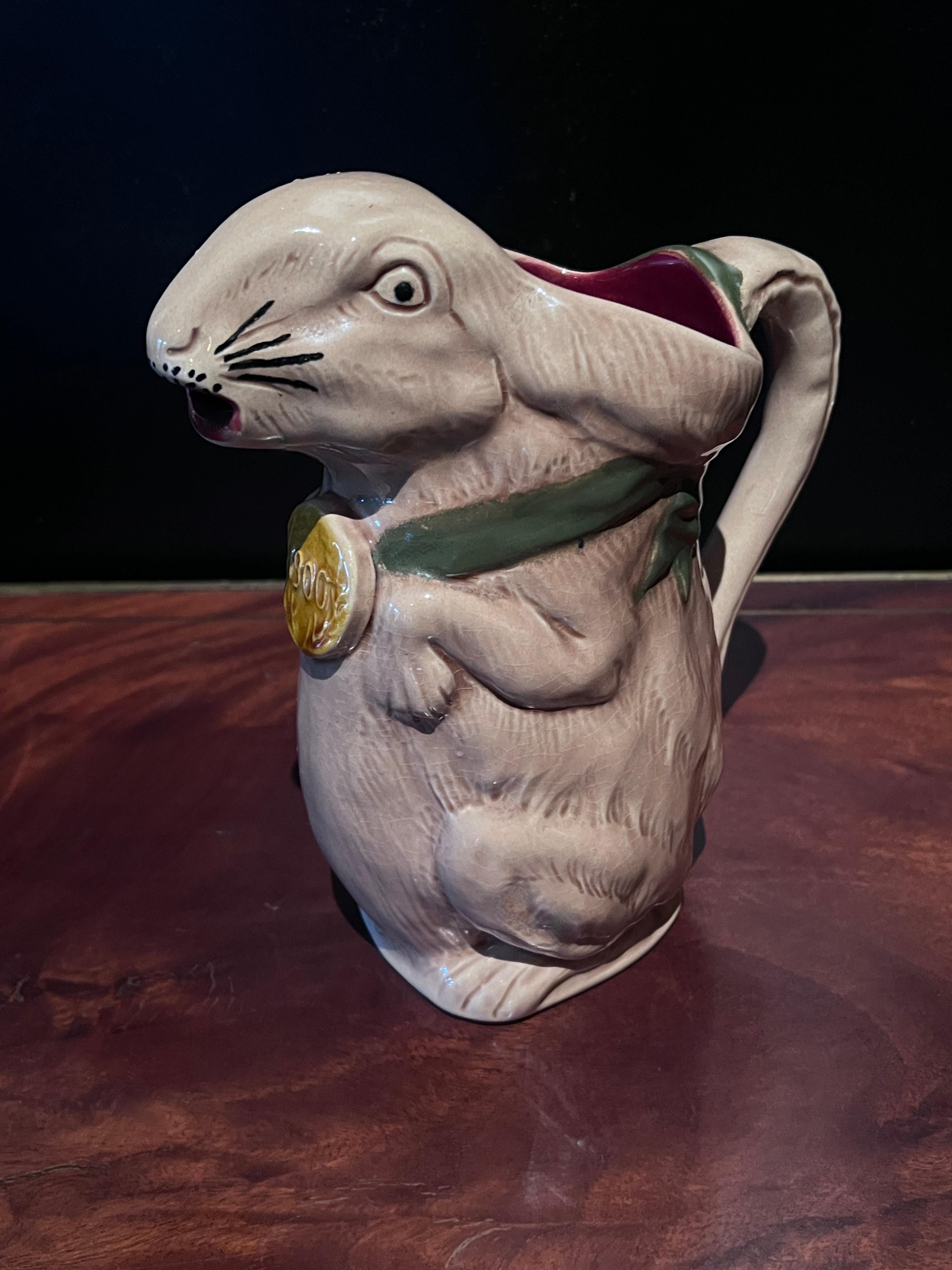 French Majolica Rabbit Pitcher Made  for the Int'l Exhibition in Paris ca 1900 For Sale 2
