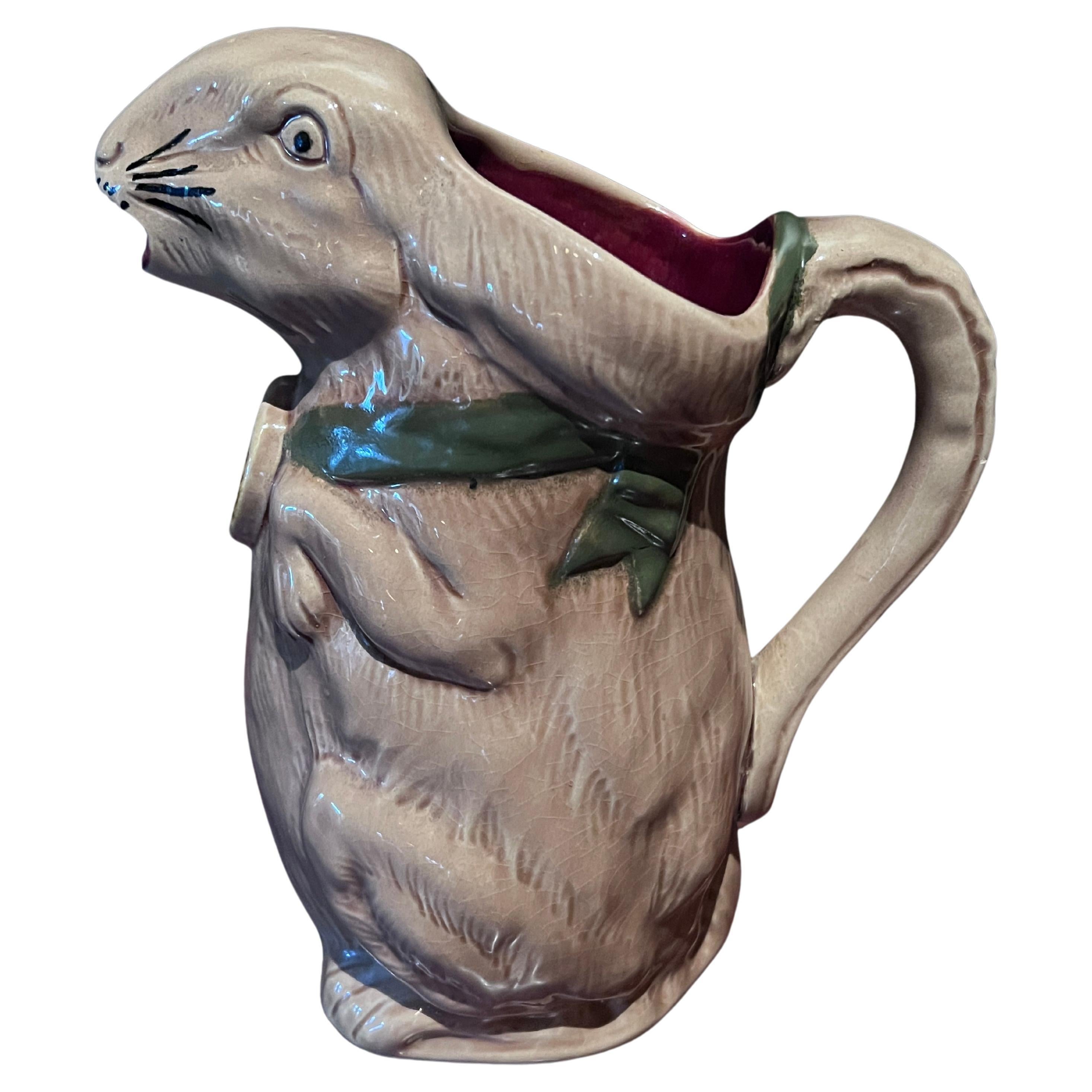 French Majolica Rabbit Pitcher Made  for the Int'l Exhibition in Paris ca 1900 For Sale