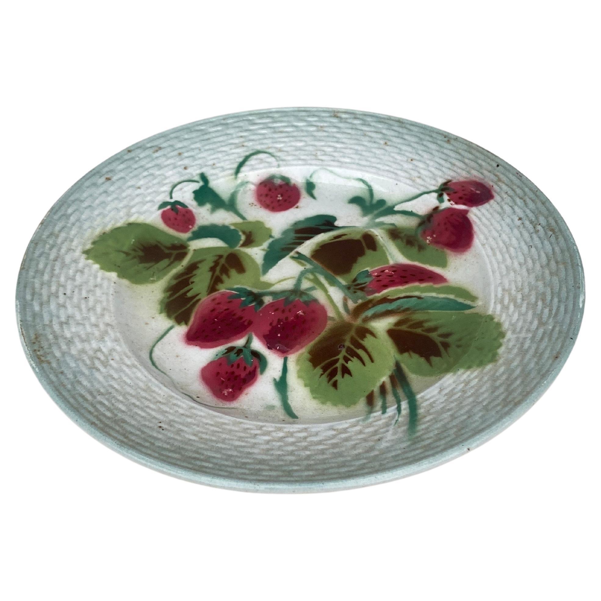 French Majolica Raspberries plate Saint Amand Circa 1920.