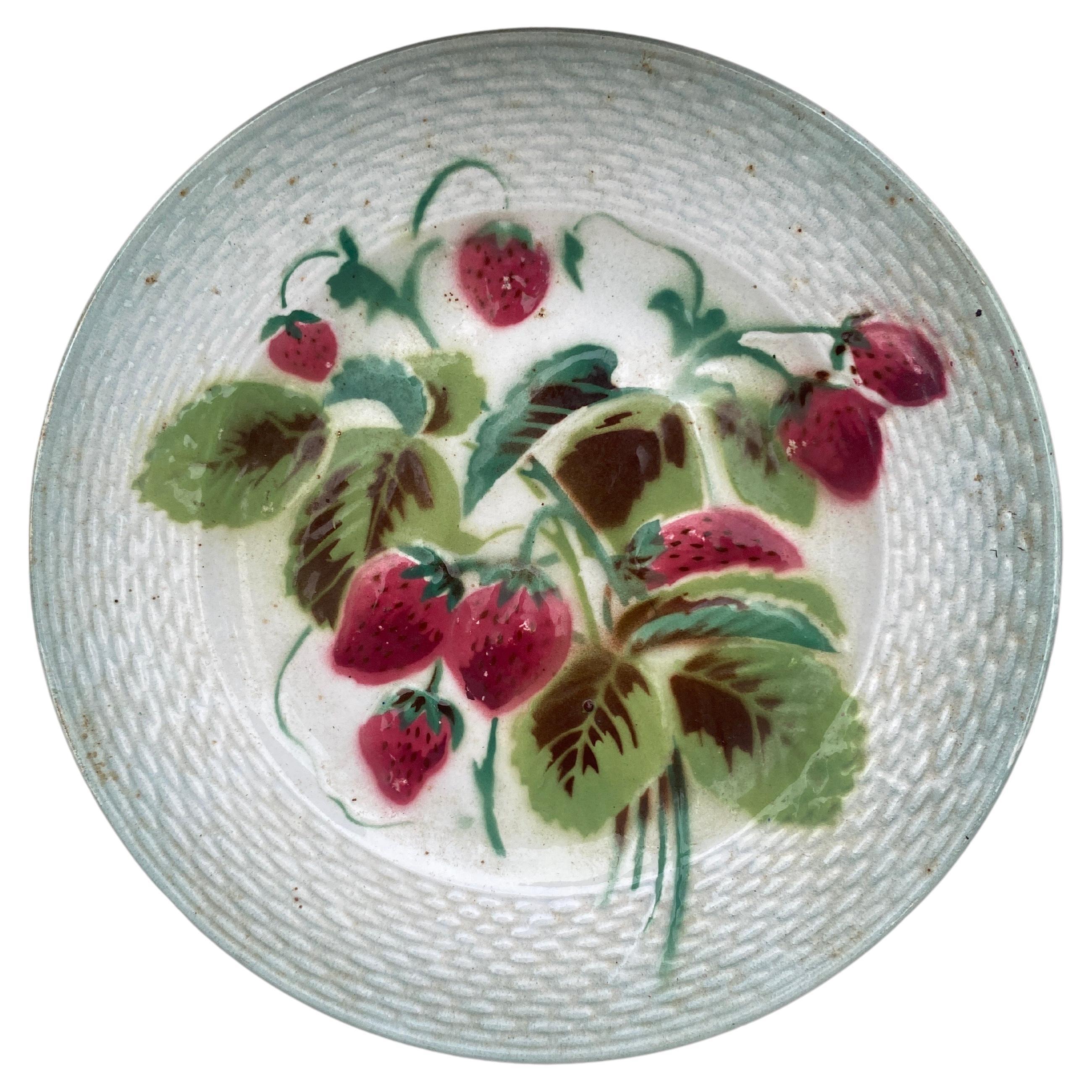 French Majolica Raspberries Plate Saint Amand Circa 1920