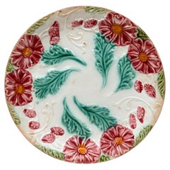 French Majolica Red Flowers Plate Salins, Circa 1890