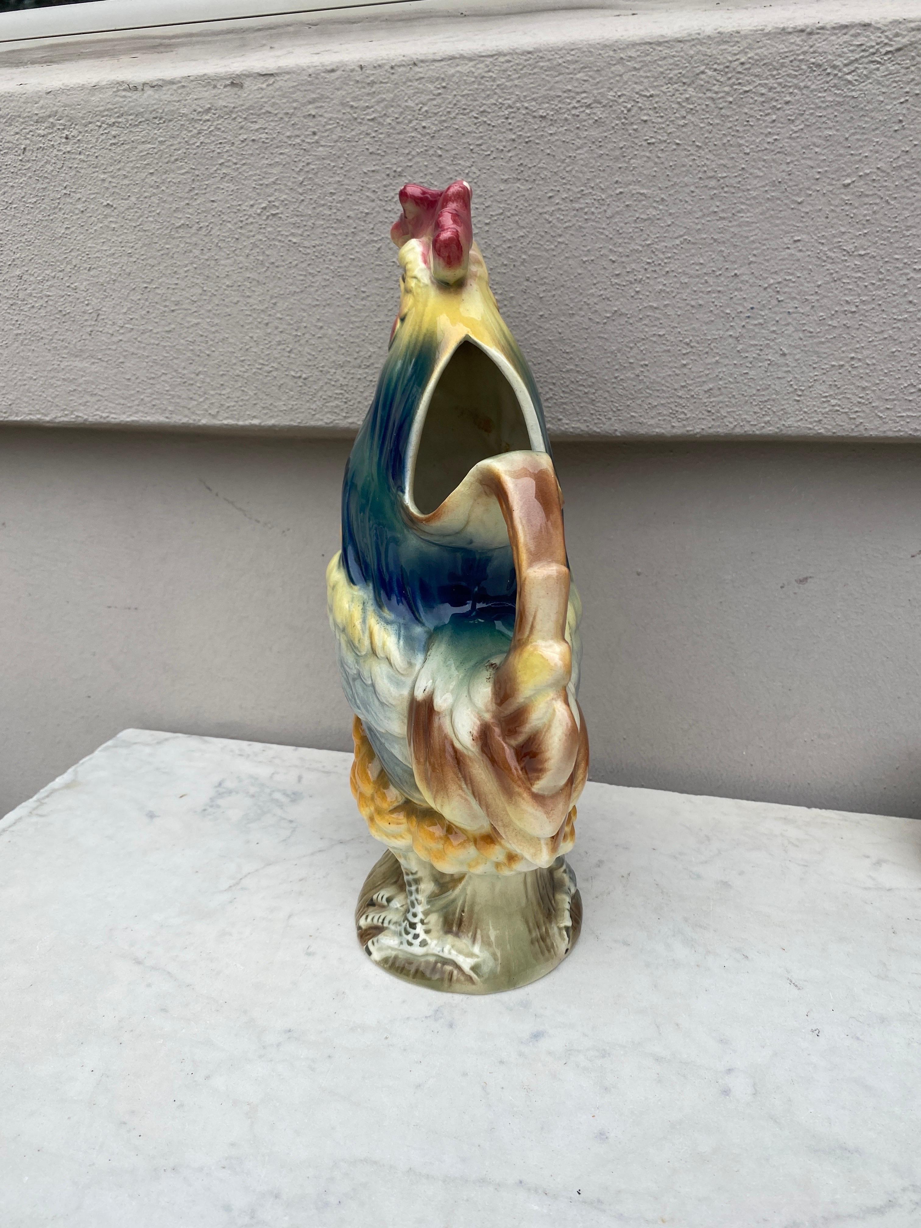Early 20th Century French Majolica Rooster Pitcher Keller and Guerin Saint Clement For Sale