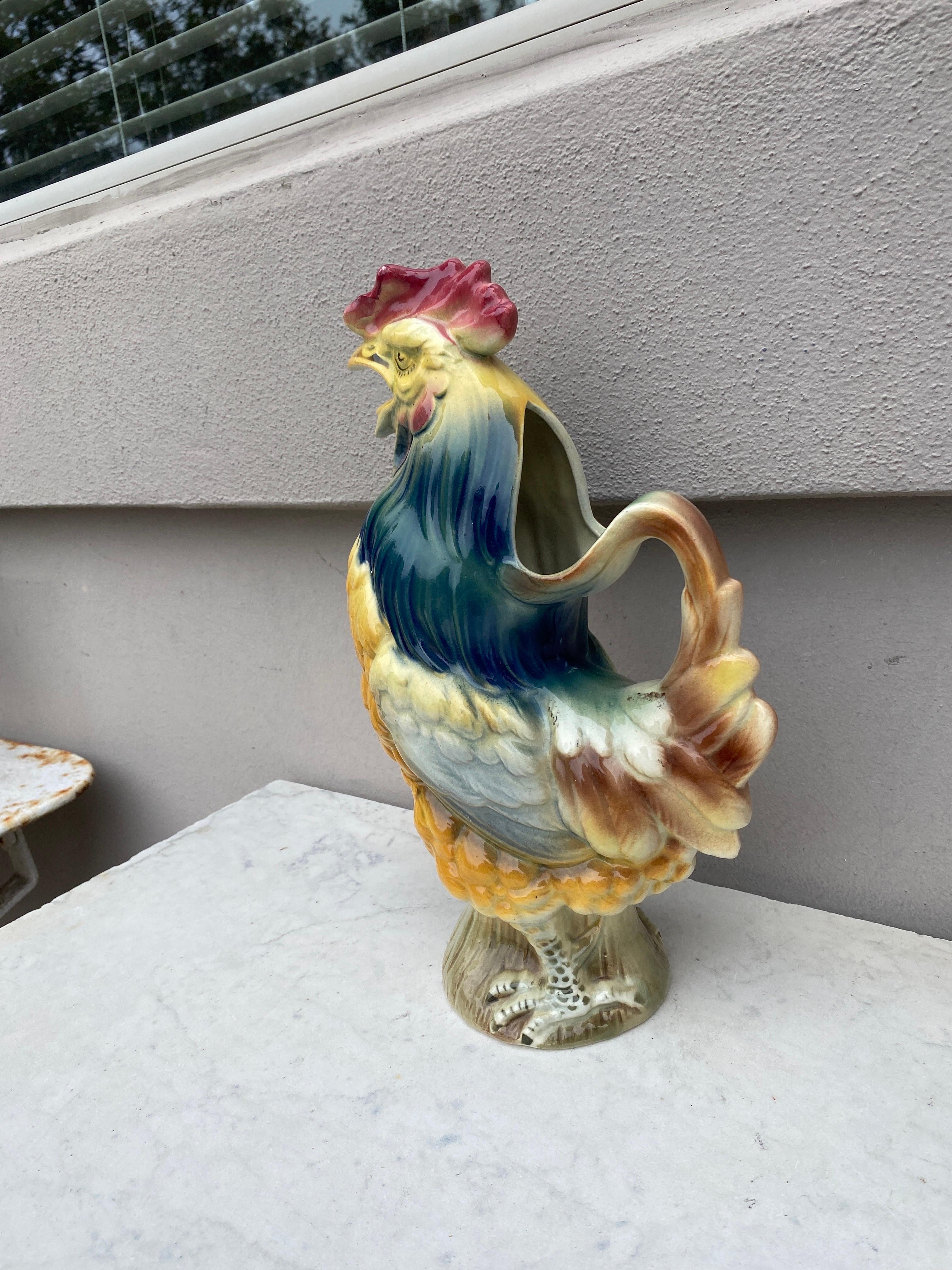 Ceramic French Majolica Rooster Pitcher Keller and Guerin Saint Clement For Sale