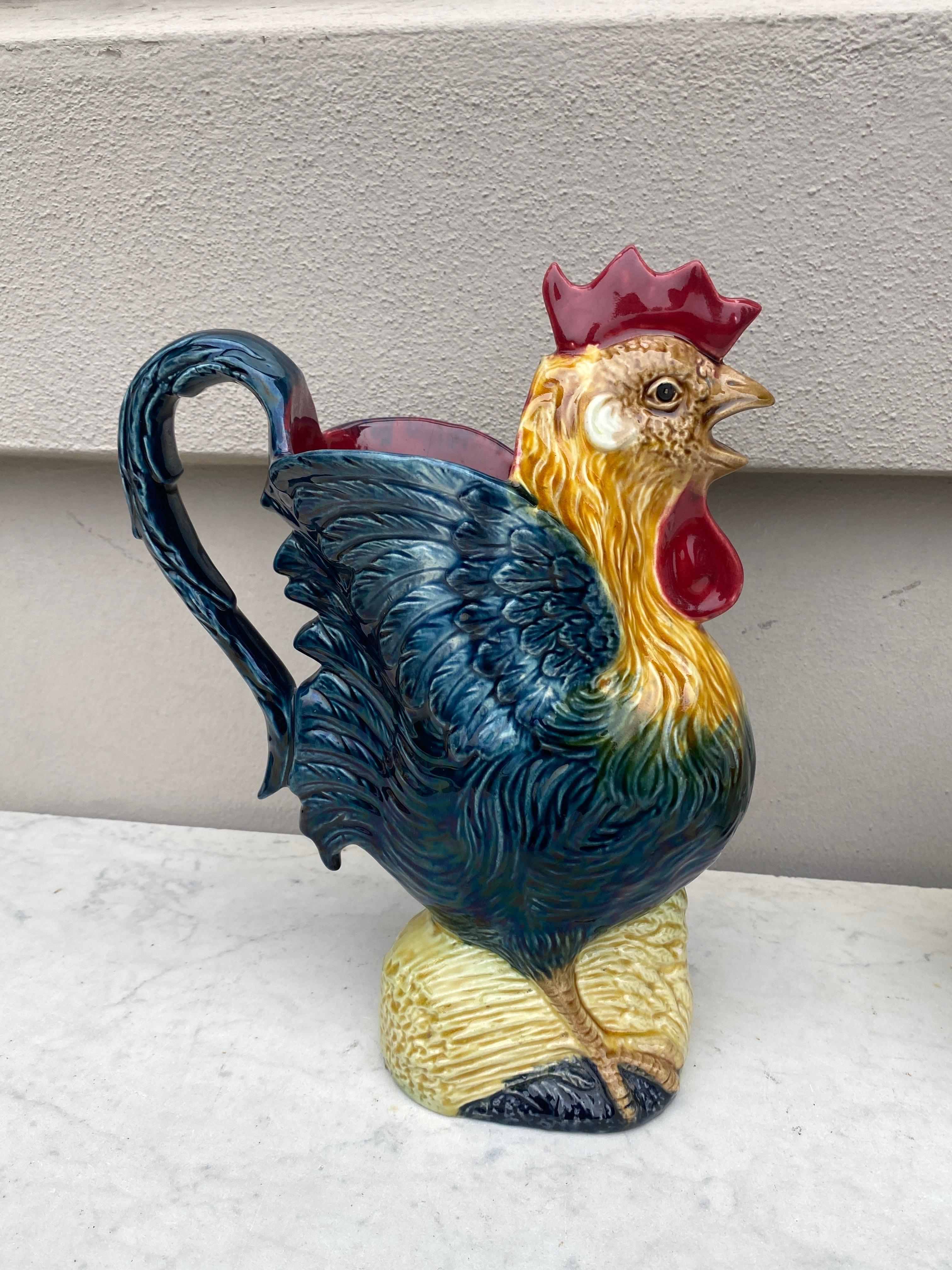 French Majolica rooster pitcher signed Orchies, circa 1890.