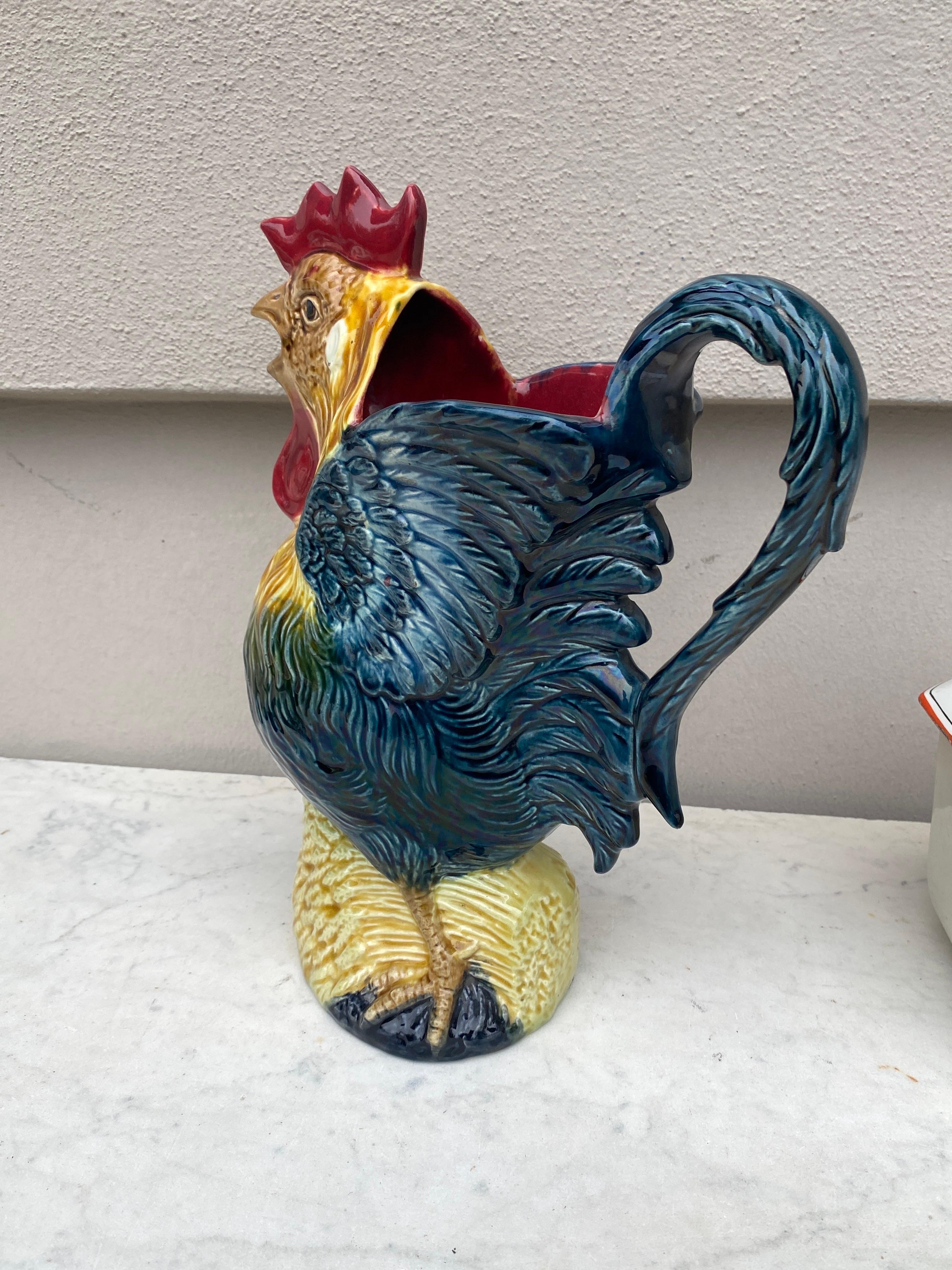 Rustic French Majolica Rooster Pitcher Orchies, circa 1890 For Sale