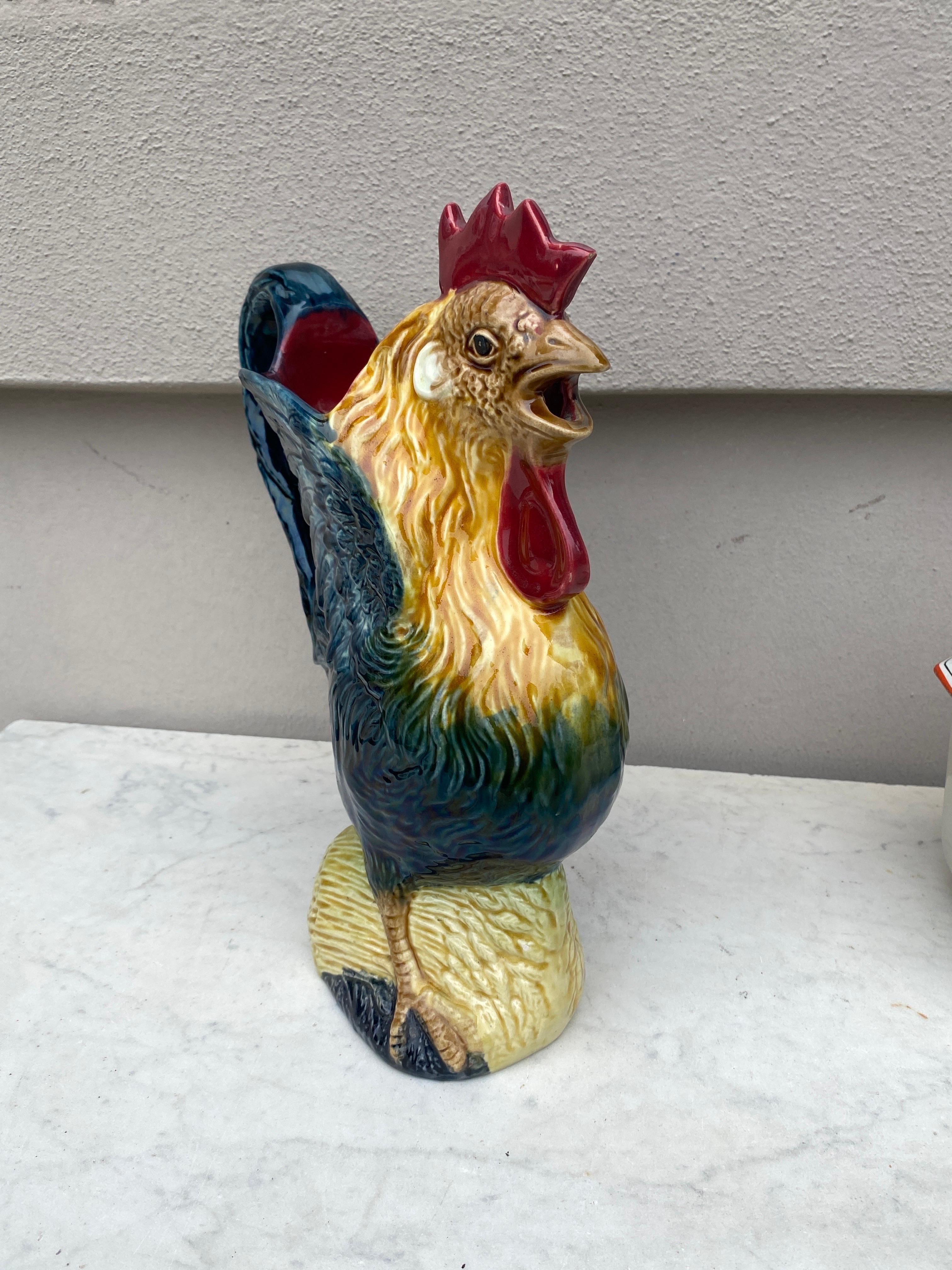 Late 19th Century French Majolica Rooster Pitcher Orchies, circa 1890 For Sale