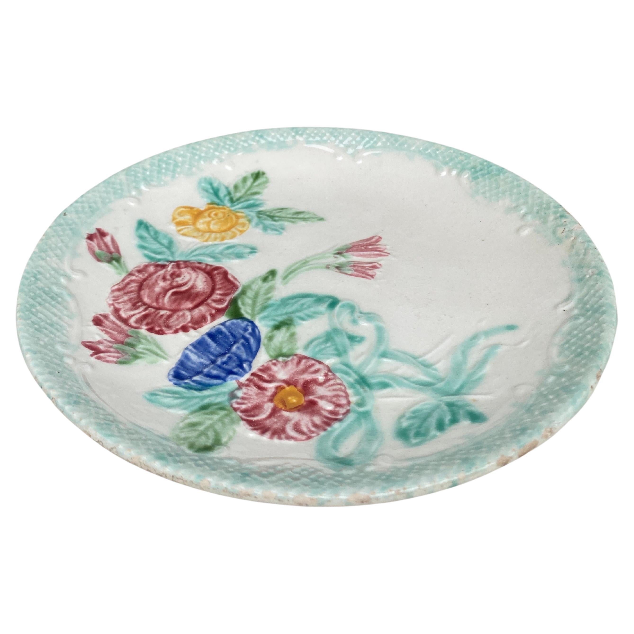 French Majolica Roses & Flowers Plate Salins, Circa 1890.