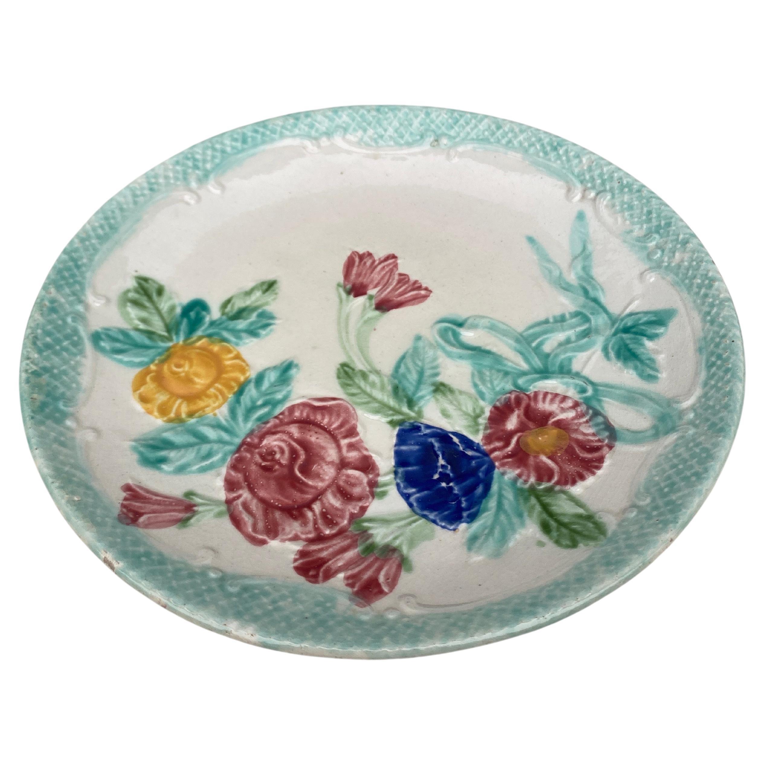 French Majolica Roses & Flowers Plate Salins, Circa 1890.