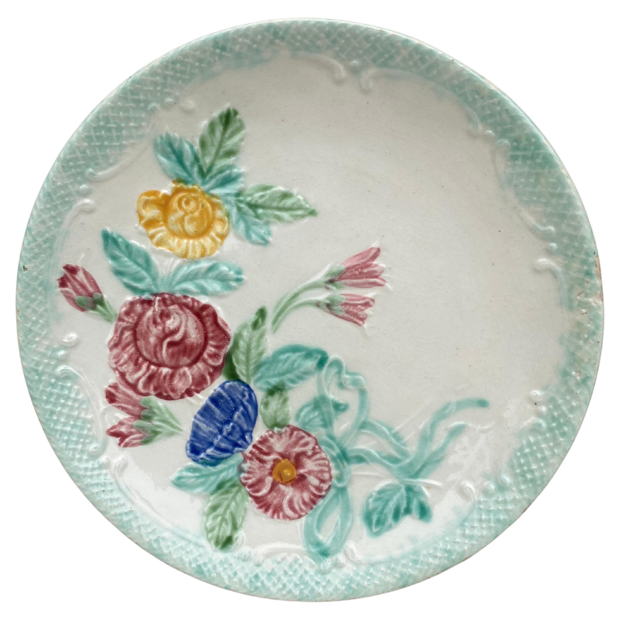 French Majolica Roses & Flowers Plate Salins, Circa 1890 For Sale