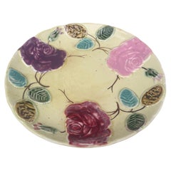 French Majolica Roses Plate Saint Amand, circa 1890