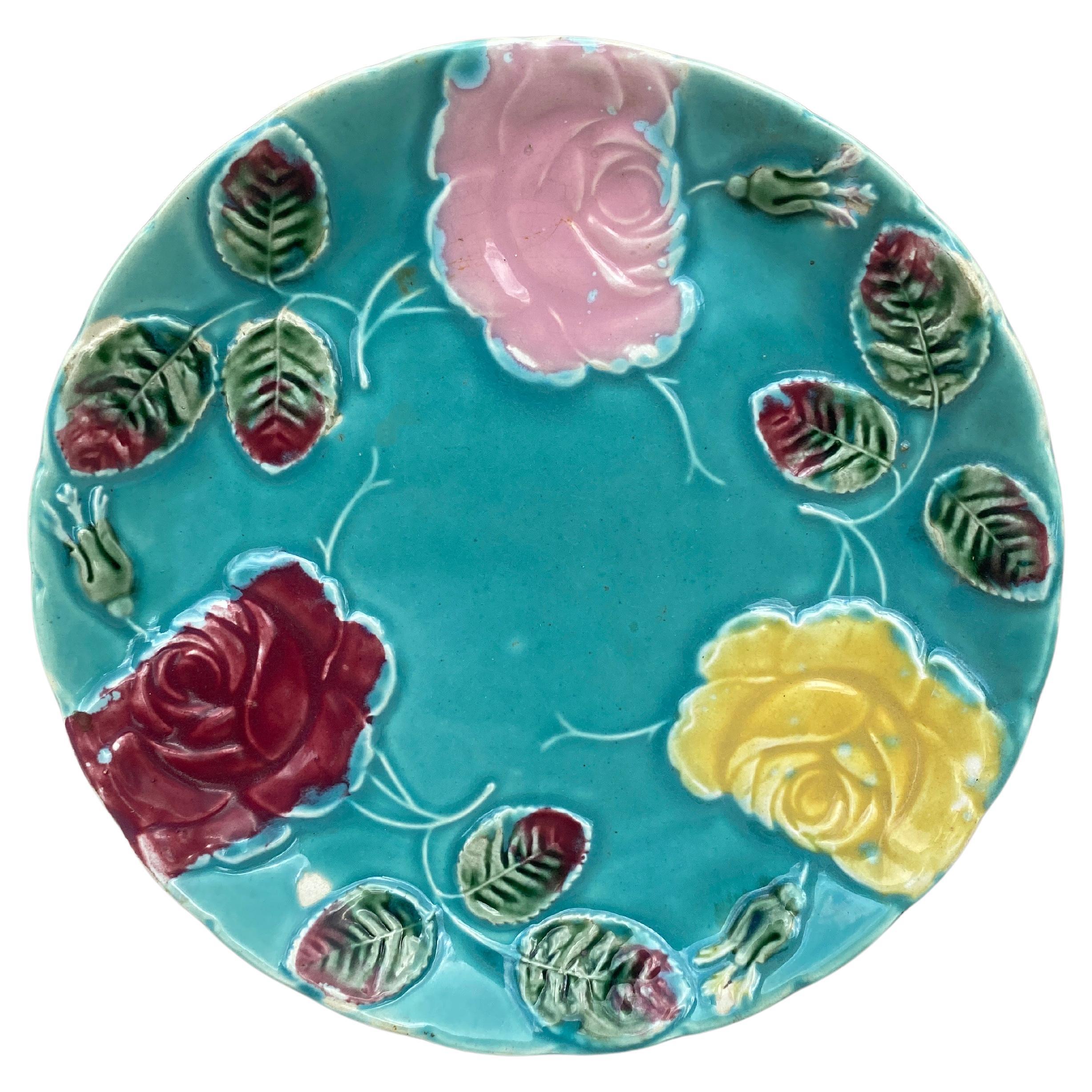 French Majolica Roses Plate Saint Amand, circa 1890 For Sale