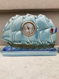 French Majolica Sailing Ship Clock with 2 Vases Sarreguemines, circa 1930