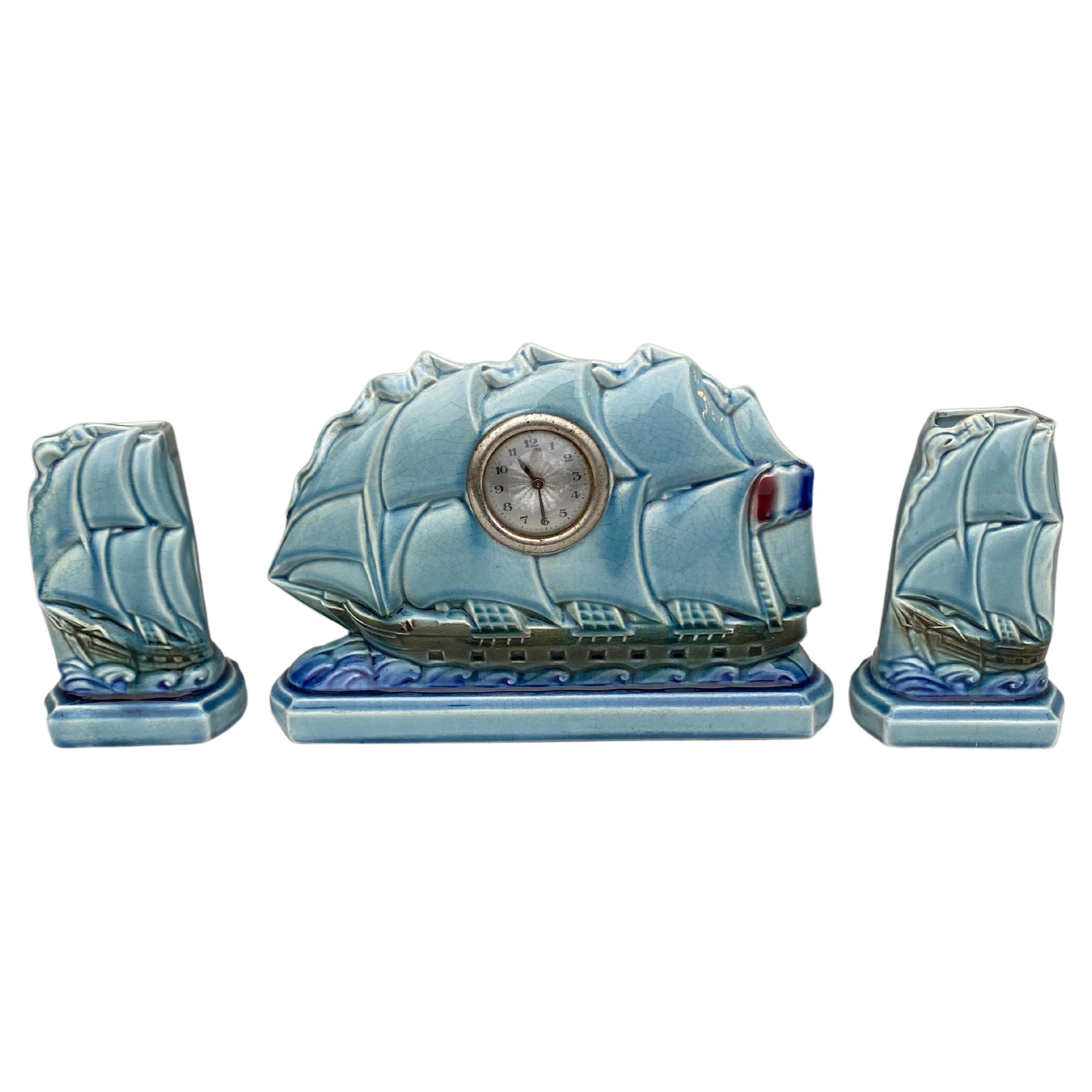 French Majolica Sailing Ship Clock with 2 Vases Sarreguemines, circa 1930 For Sale