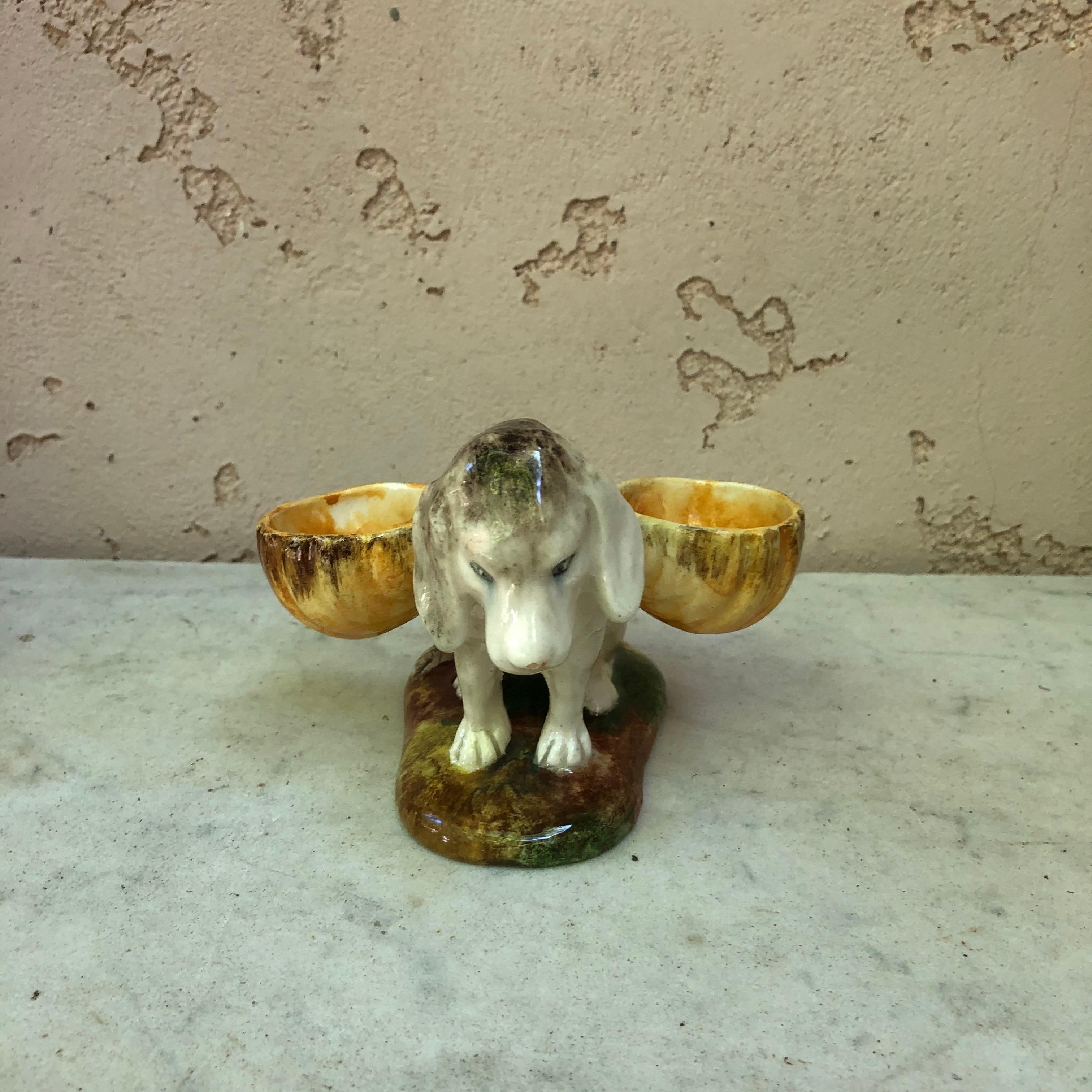 French majolica saltcellar dog signed Jerome Massier Fils Vallauris A.M.