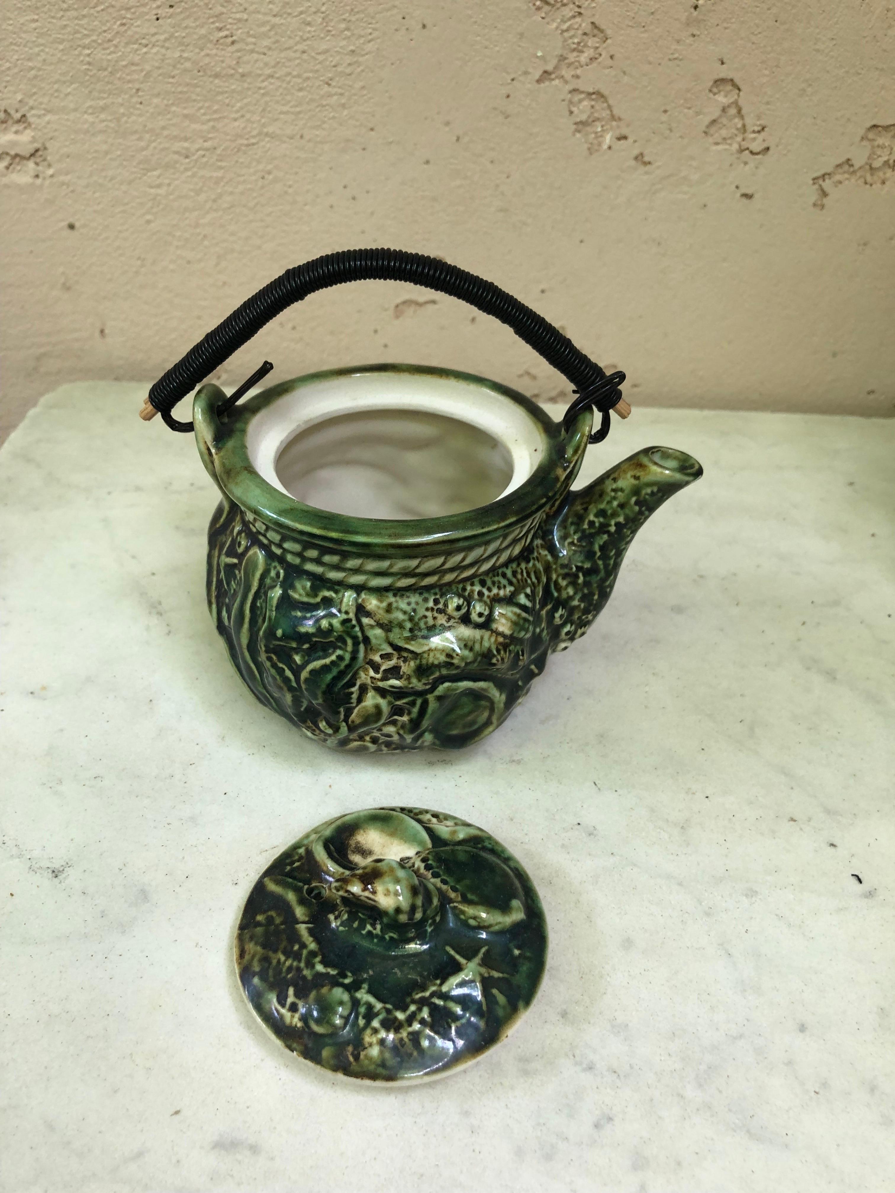 Mid-20th Century French Majolica Shell & Crab Teapot Circa 1950 For Sale