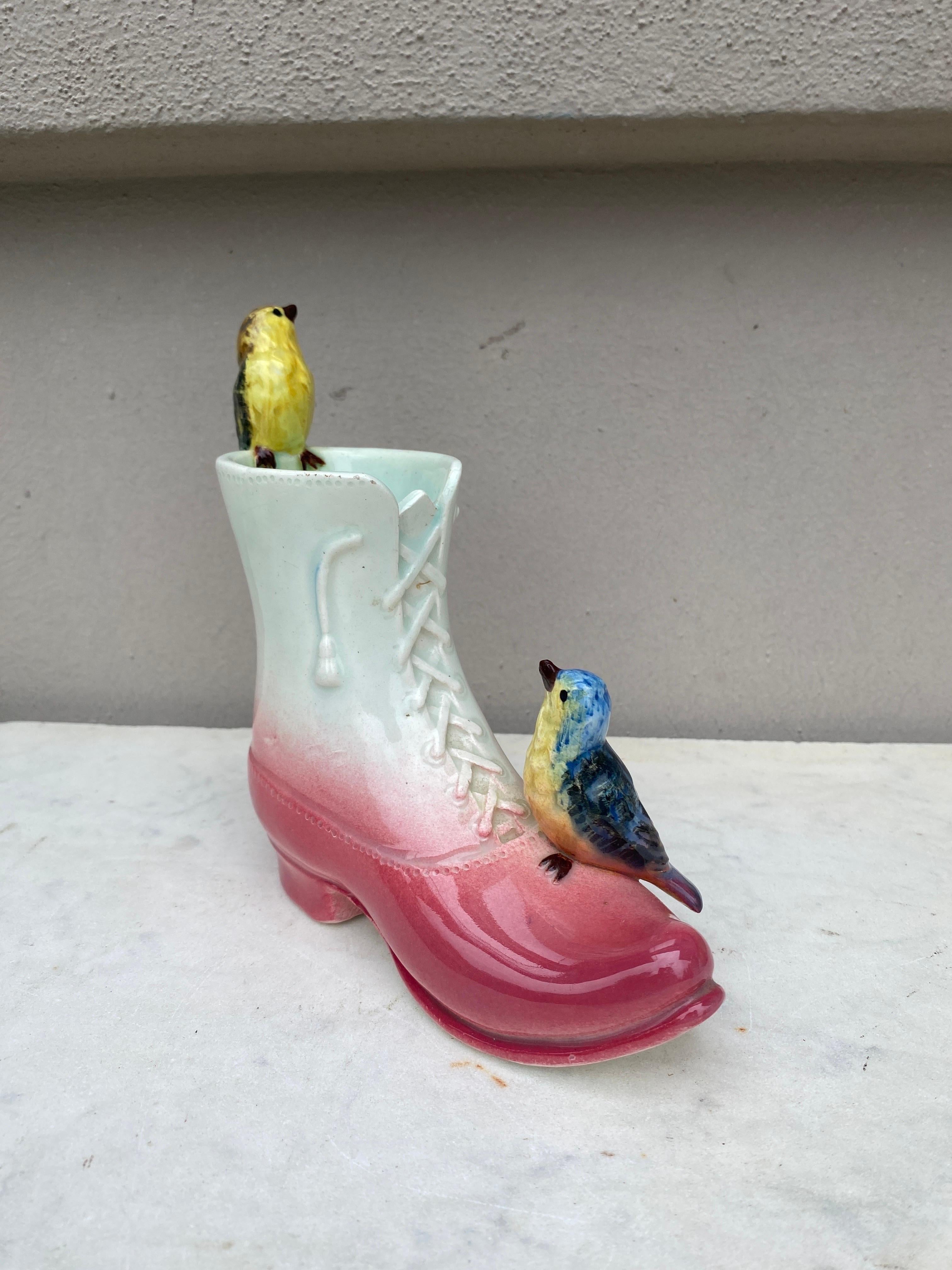 Country French Majolica Shoe With Birds Massier, circa 1890 For Sale