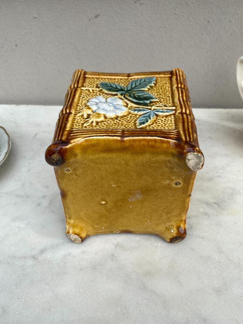 Late 19th Century French Majolica Square Jardiniere with Flowers, Circa 1890 For Sale