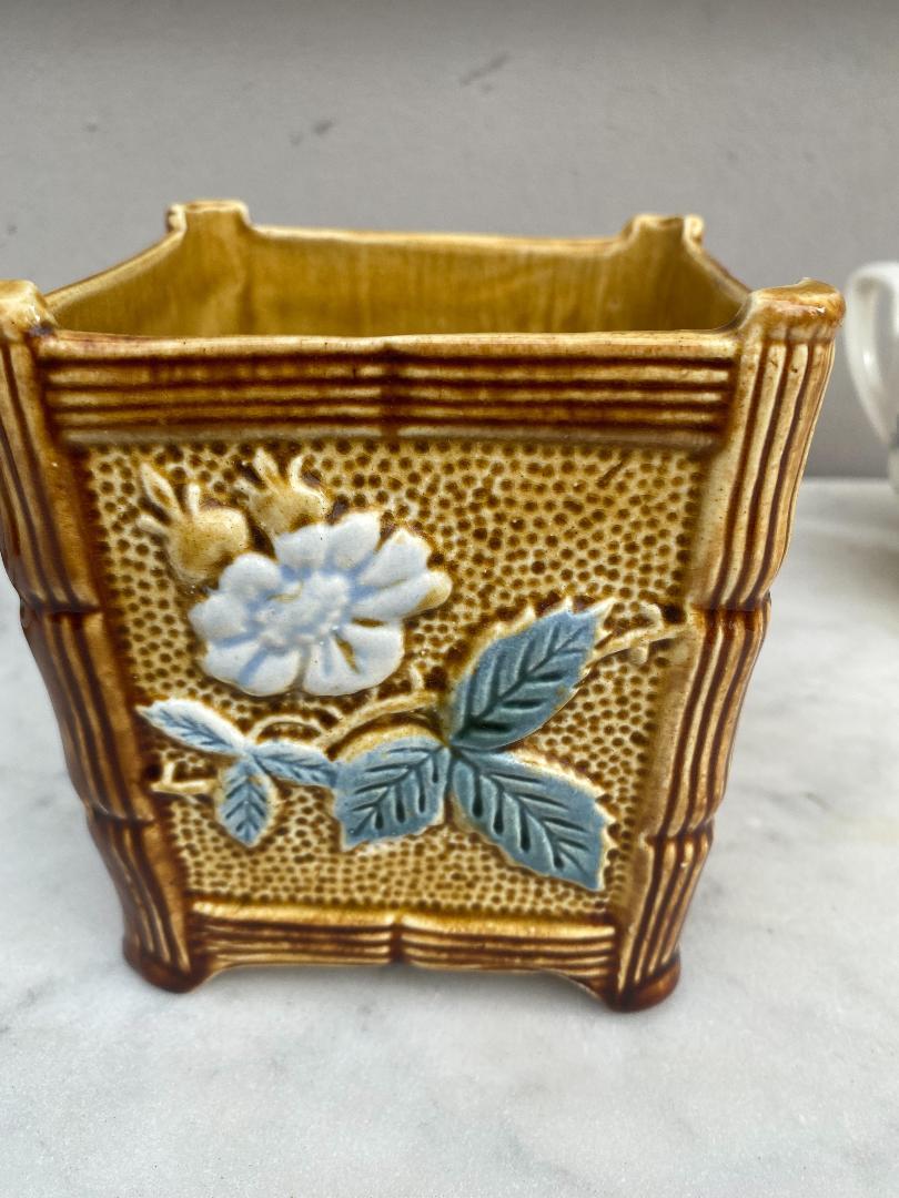 French Majolica square jardiniere with flowers, Circa 1890.