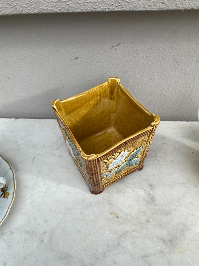 Rustic French Majolica Square Jardiniere with Flowers, Circa 1890 For Sale