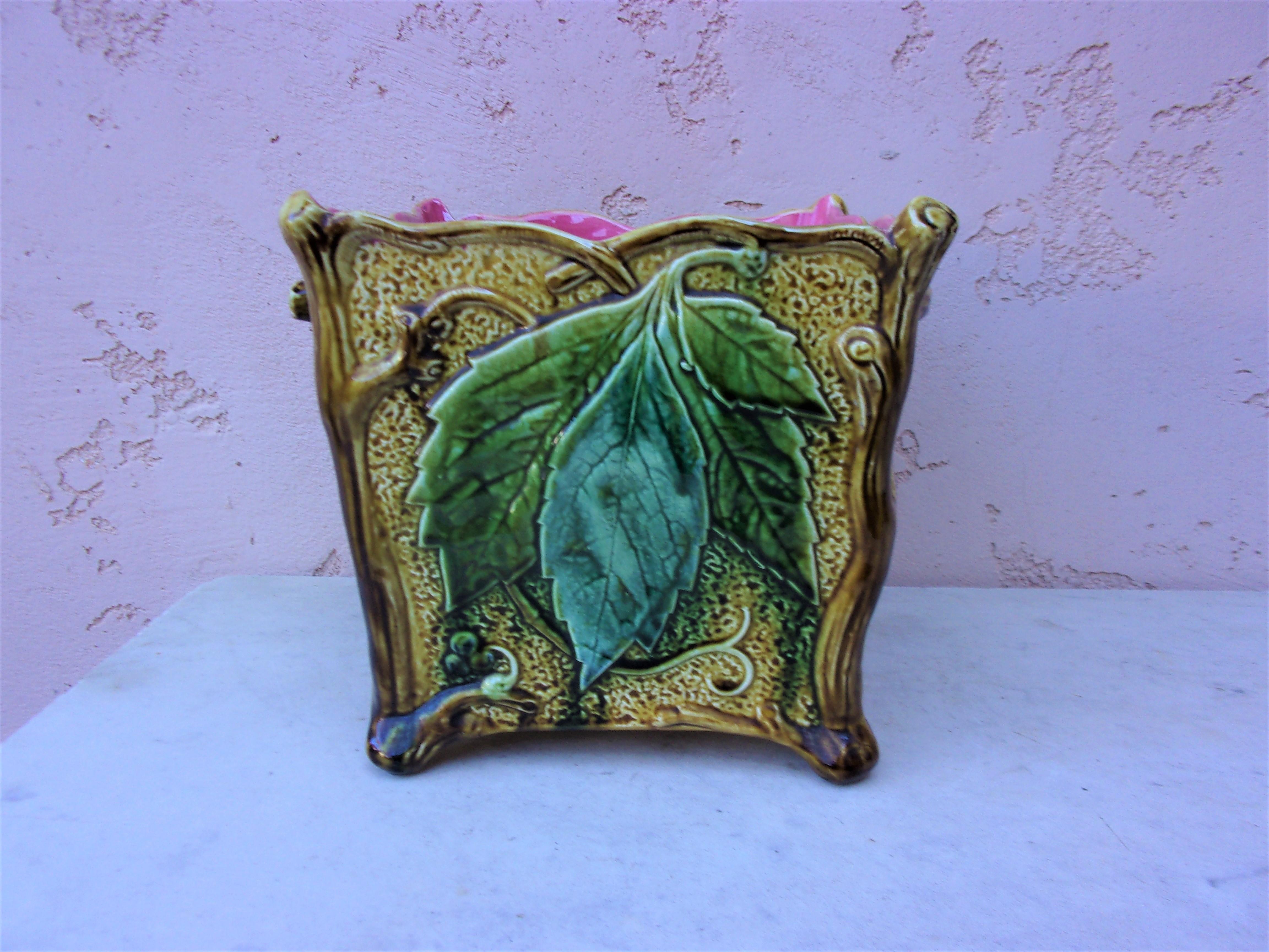 French Majolica Square Leaf Cachepot, circa 1890 In Good Condition In Austin, TX