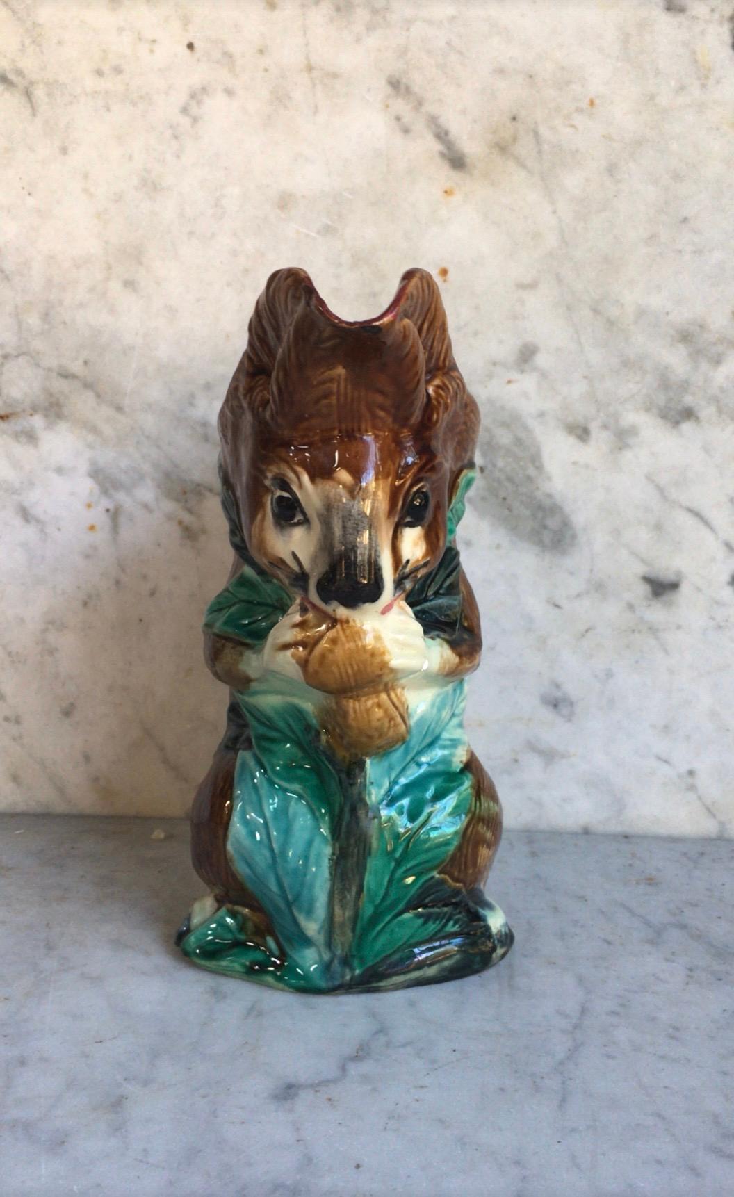 Majolica squirrel pitcher orchies, Circa 1890.