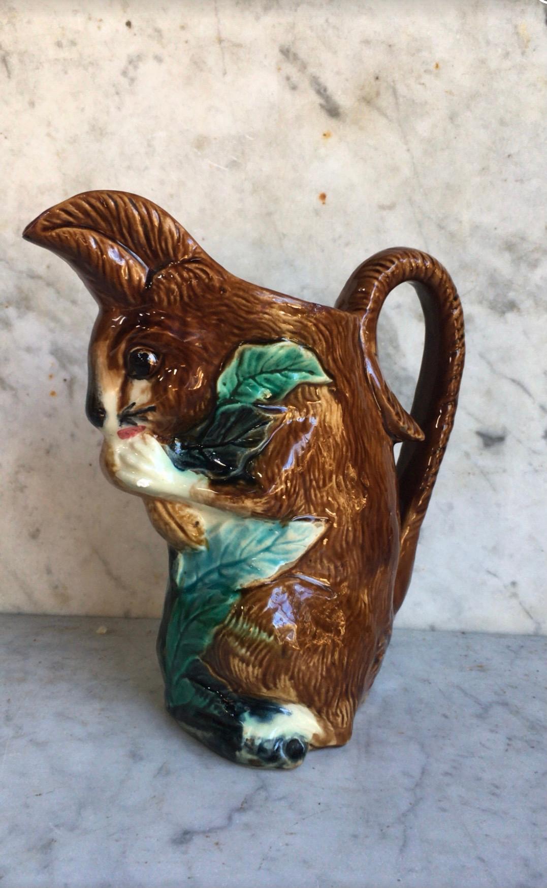 Rustic French Majolica Squirrel Pitcher Orchies, Circa 1890