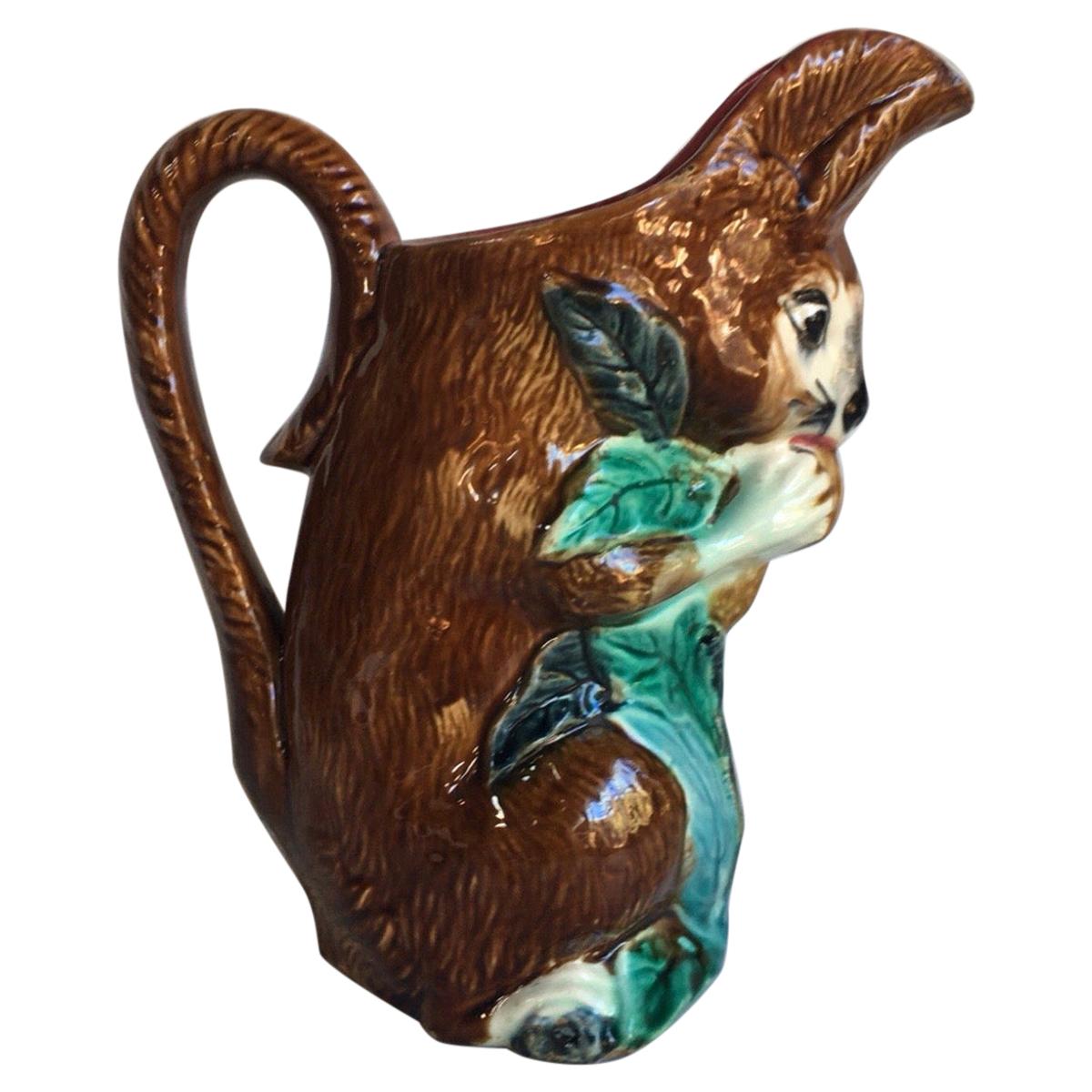 French Majolica Squirrel Pitcher Orchies, Circa 1890