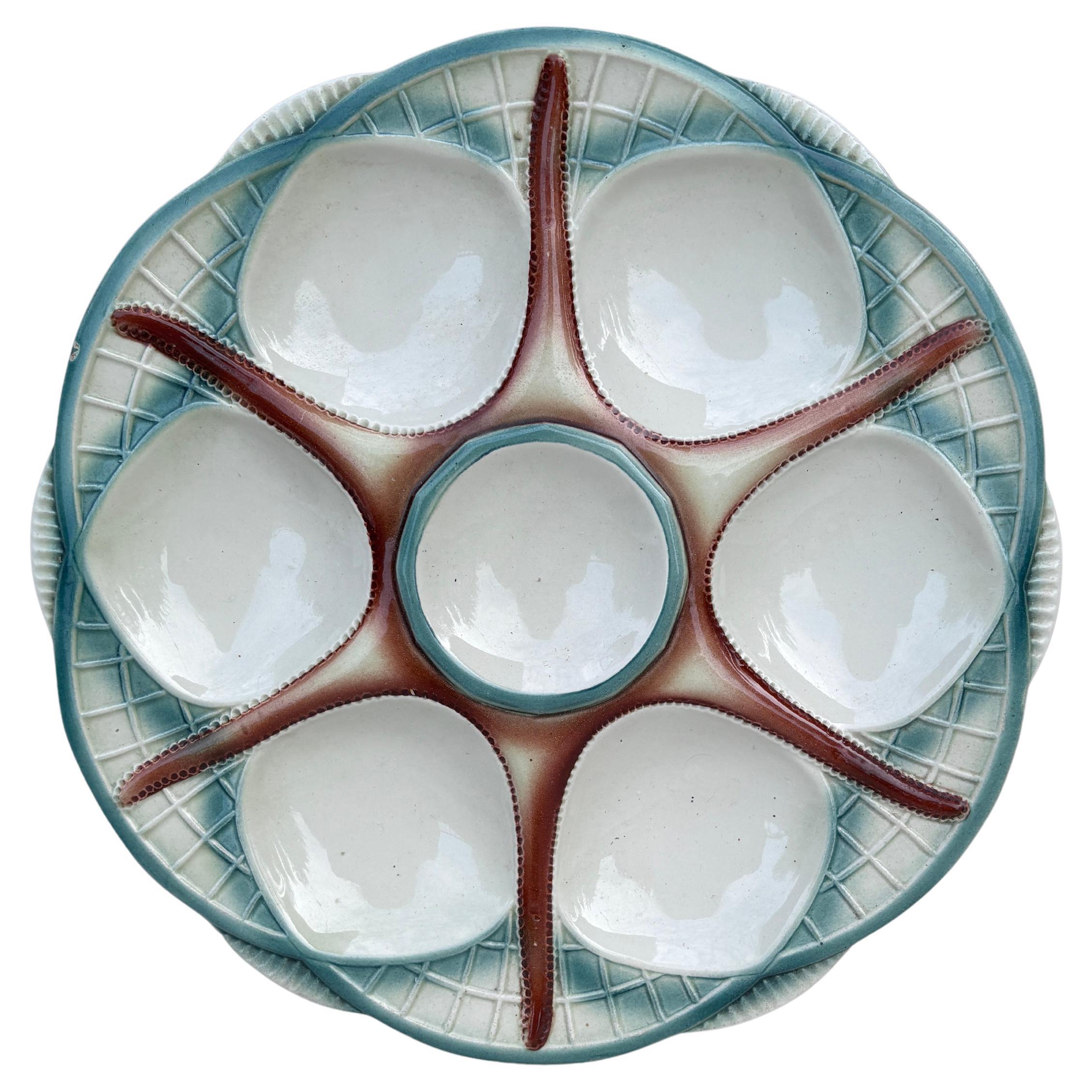 French Majolica Starfish Oyster Plate Digoin Sarreguemines Circa 1920 For Sale